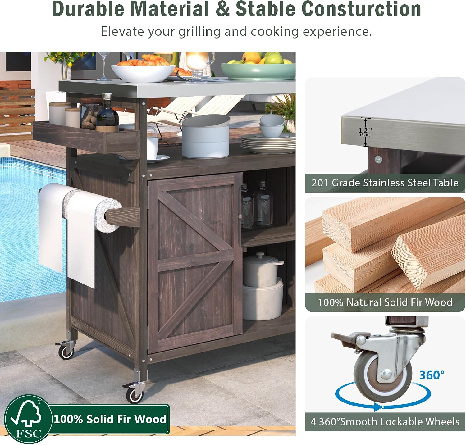 Farmhouse Outdoor Kitchen Island, Rolling Bar Cart & Storage Cabinet with Stainless Steel Top, Spice Rack, Towel Rack for Kitchen & Barbecue, Solid Wood Outdoor Grill Table (Dark Brown)