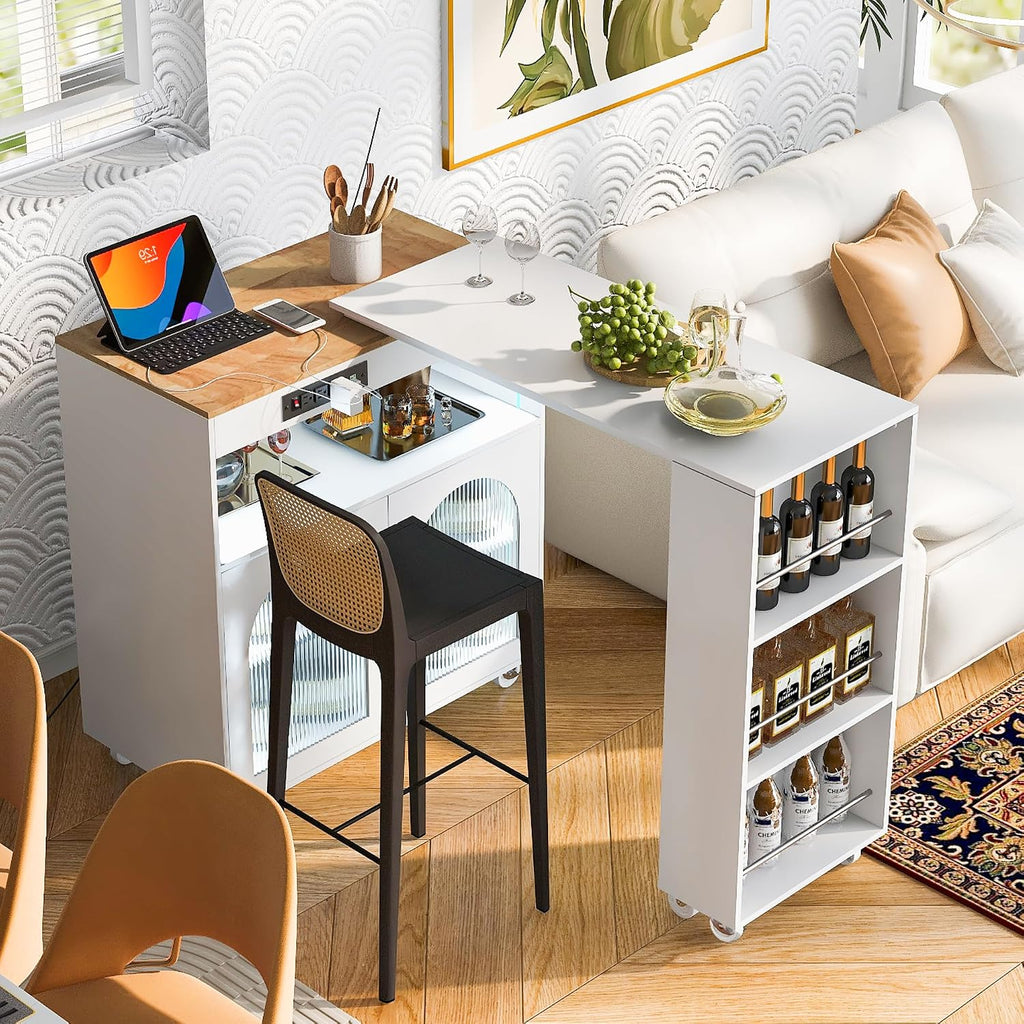 Rolling Kitchen Island With Extended Table, Kitchen island on Wheels with LED Lights,Power Outlets and 2 Fluted Glass Doors, Kitchen Island with a Storage Compartment and Side 3 Open Shelves,White