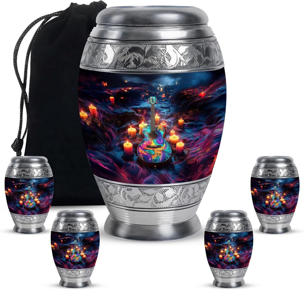 Guitar Candle Burial Urns - Combo of 5 with 10 Inch Memorial Urn for Adult Female, 3 Inch Keepsake Urns for Men, Father & Women - Large Decorative Cremation Set for Ashes