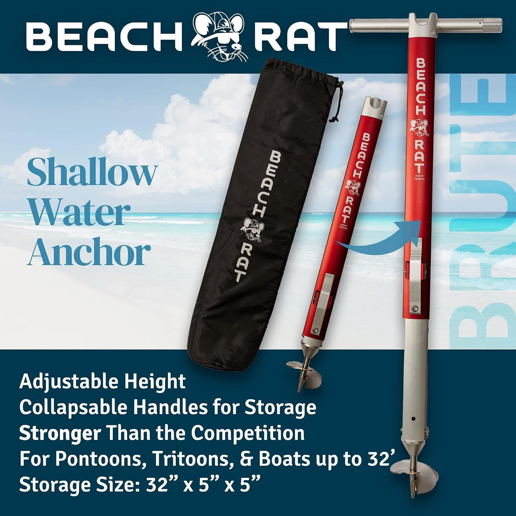 Beach Rat Anchor & Case - Pontoon, Tritoon, PWC Anchor - Shallow Water Boat Anchor & Sandbar Anchor, Screw in Boat Anchor, Stainless Steel & Aluminum Anchor Pole Accessory