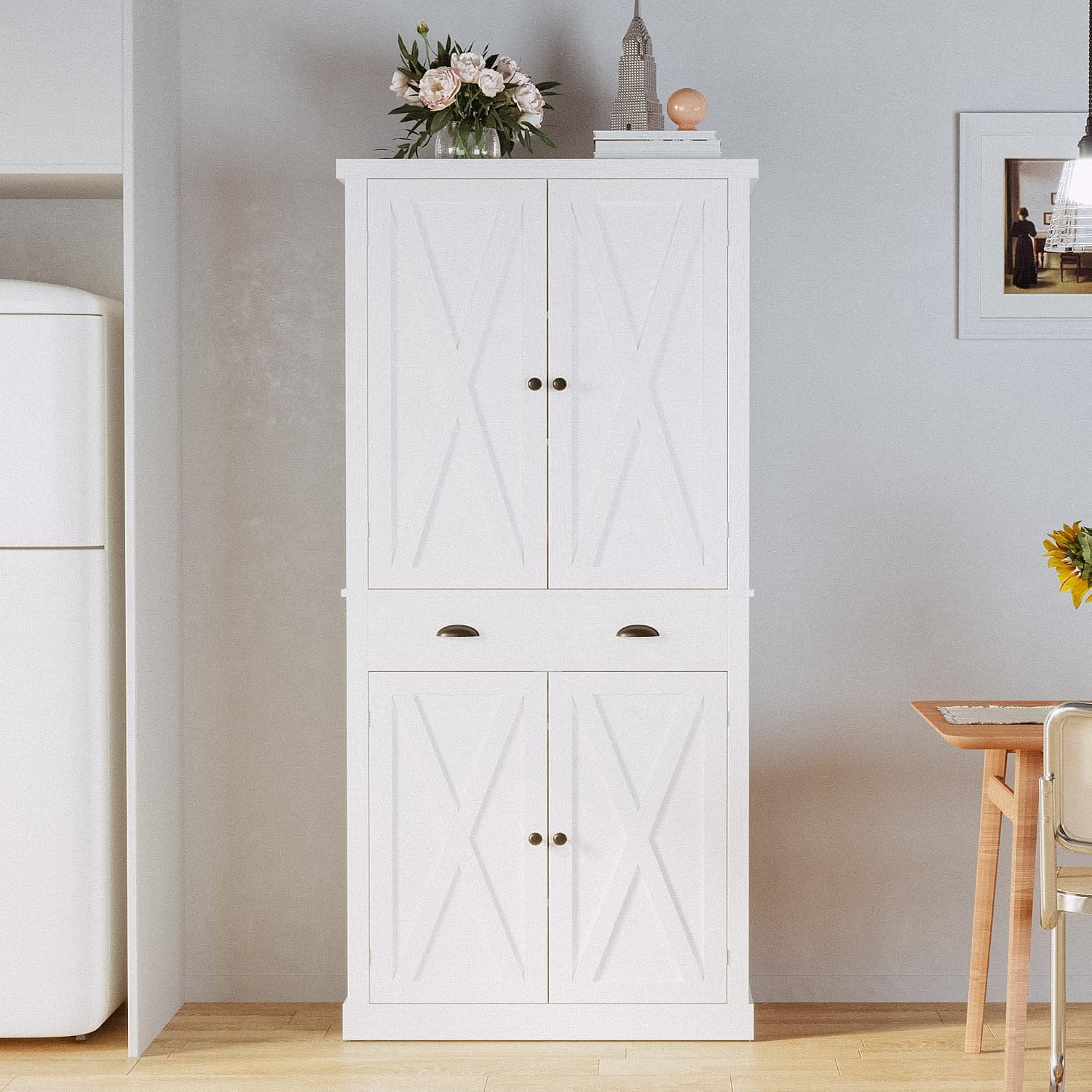 IRONCK Kitchen Pantry Storage Cabinet 72.6' H, with Barn Doors, Drawer, 4 Adjustable Shelves, Freestanding Cupboard, Laundry, White