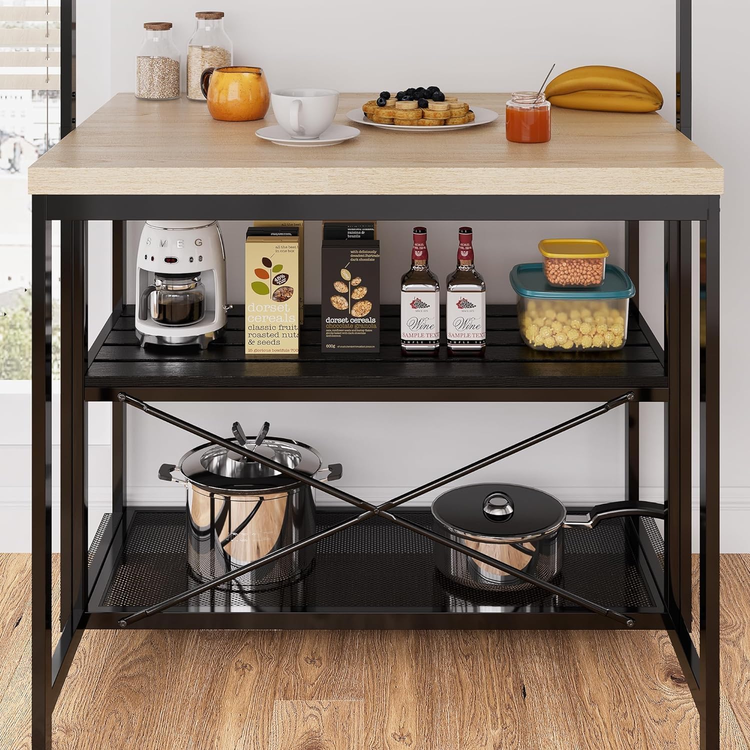 TrailBlaze Kitchen Island Table with Storage, Bakers Rack with Power Outlet, 3 Tiers Microwave Oven Stand, Coffee Bar Table with 5 Hooks, Storage Shelf Rack for Kitchen Dining Room Living Room