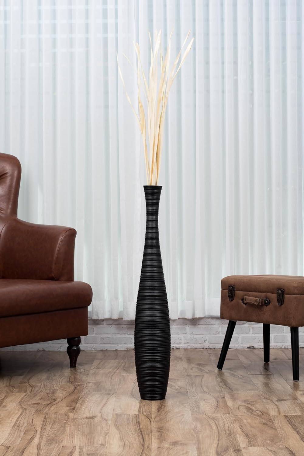 Leewadee Large Black Home Decor Floor Vase - Wooden 34 inch Tall Farmhouse Decor Flower Holder for Fake Plant and Pampas Grass