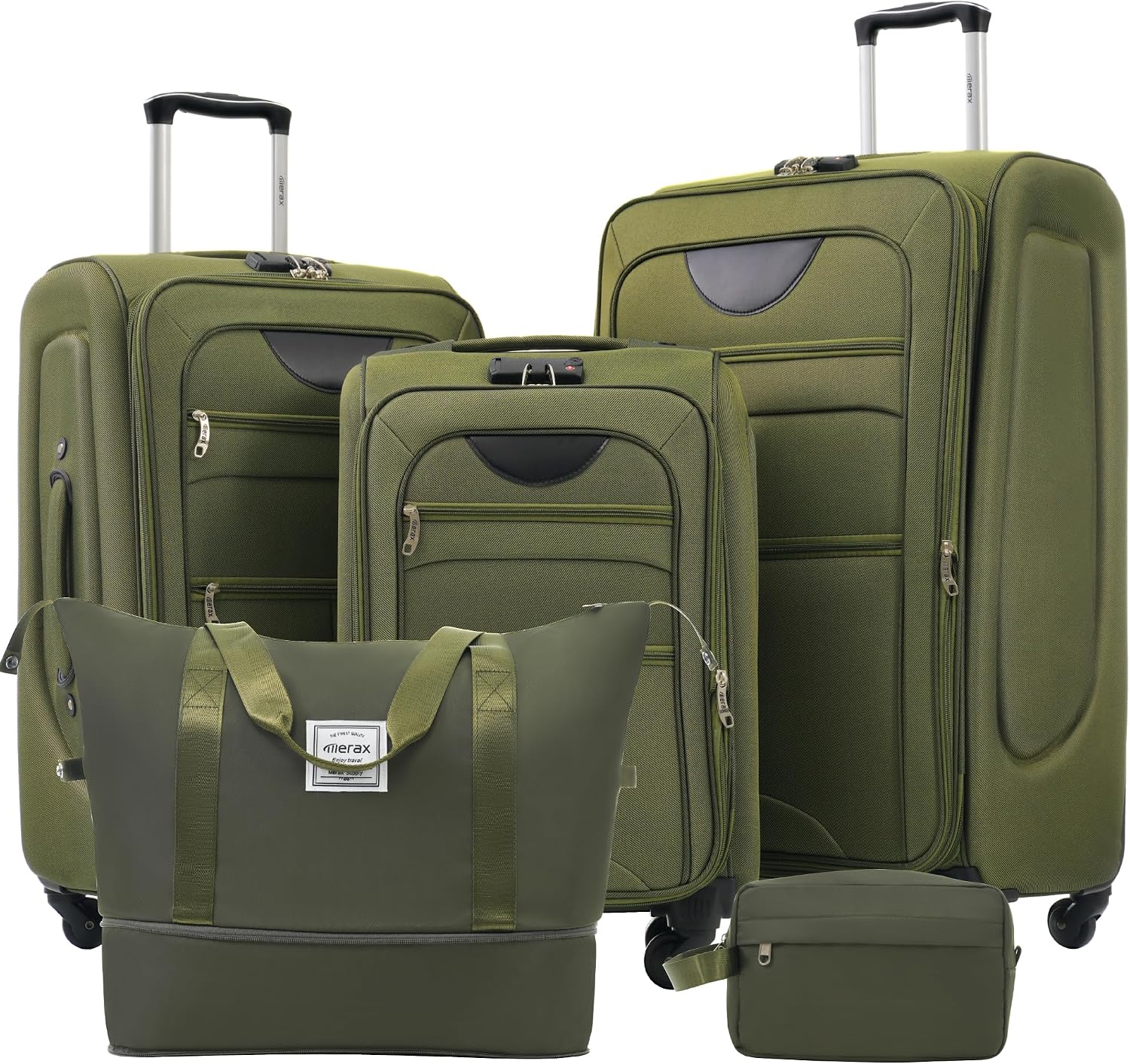Merax Softside Luggage Set 3 Piece Suitcase with Duffel Bag Spinner Wheels Lightweight Expandable Travel Luggage 22' 26' 30',Army Green