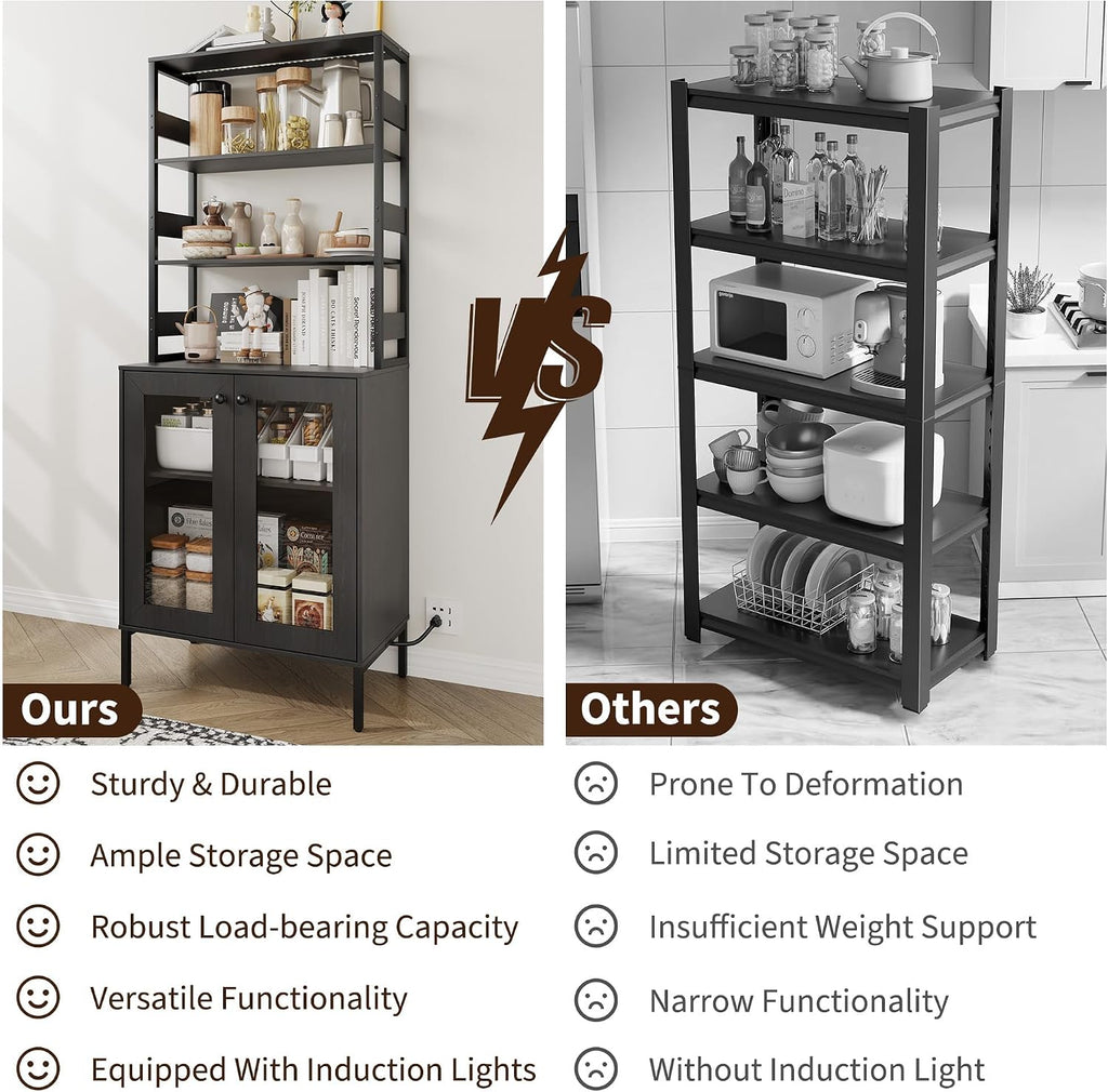 Towallmark 67 Inch Farmhouse Bakers Rack with Power Outlet & LED Lights, Kitchen Coffee Bar Cabinet Microwave Stand with Storage, Liquor Bar Cabinet with Adjustable Shelves and Hutch, Brown