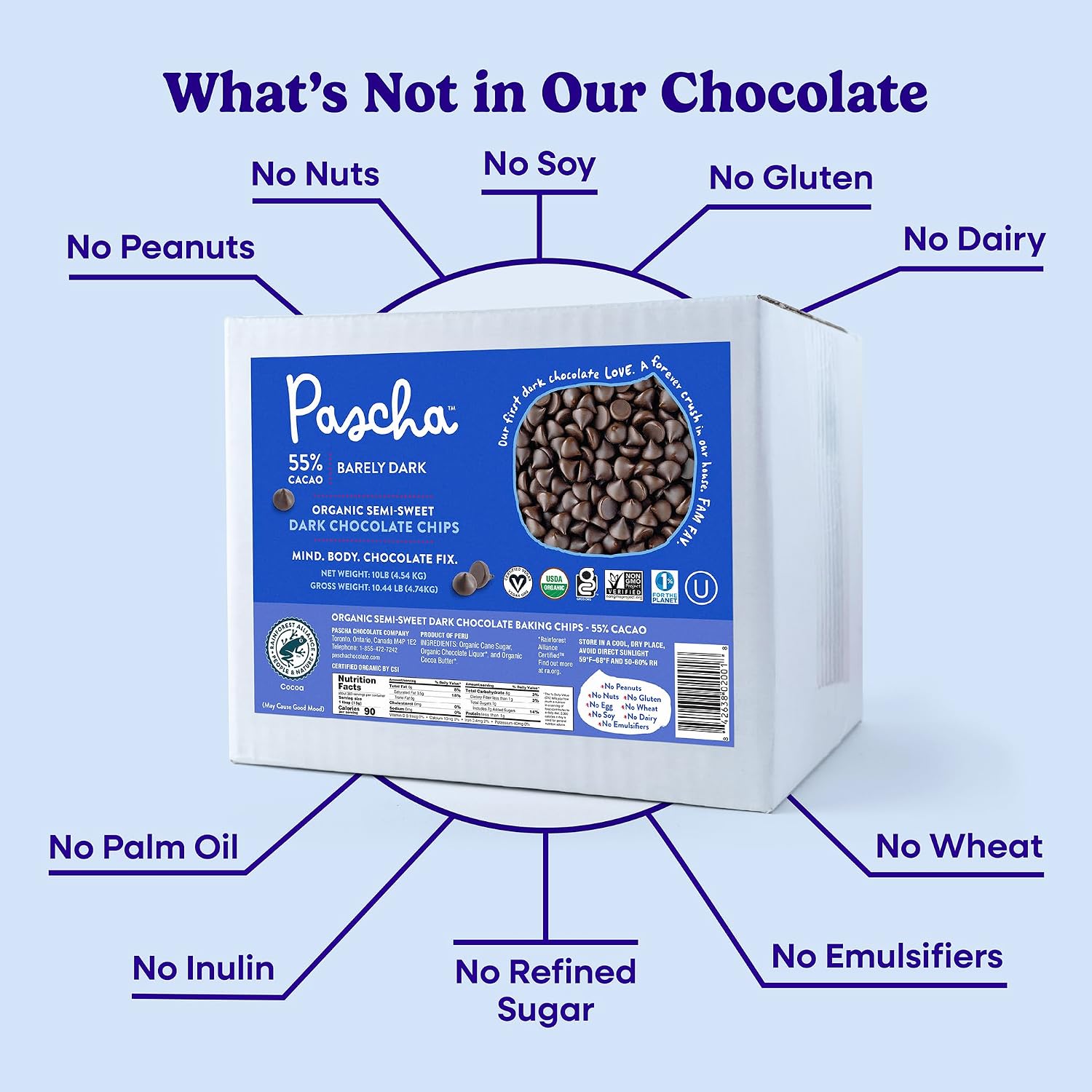 Pascha Bulk Organic Baking Semi-Sweet Chocolate Chips 55% Cacao, Allergen Free, Non-GMO, Vegan, & Fair Trade, 10 Pounds