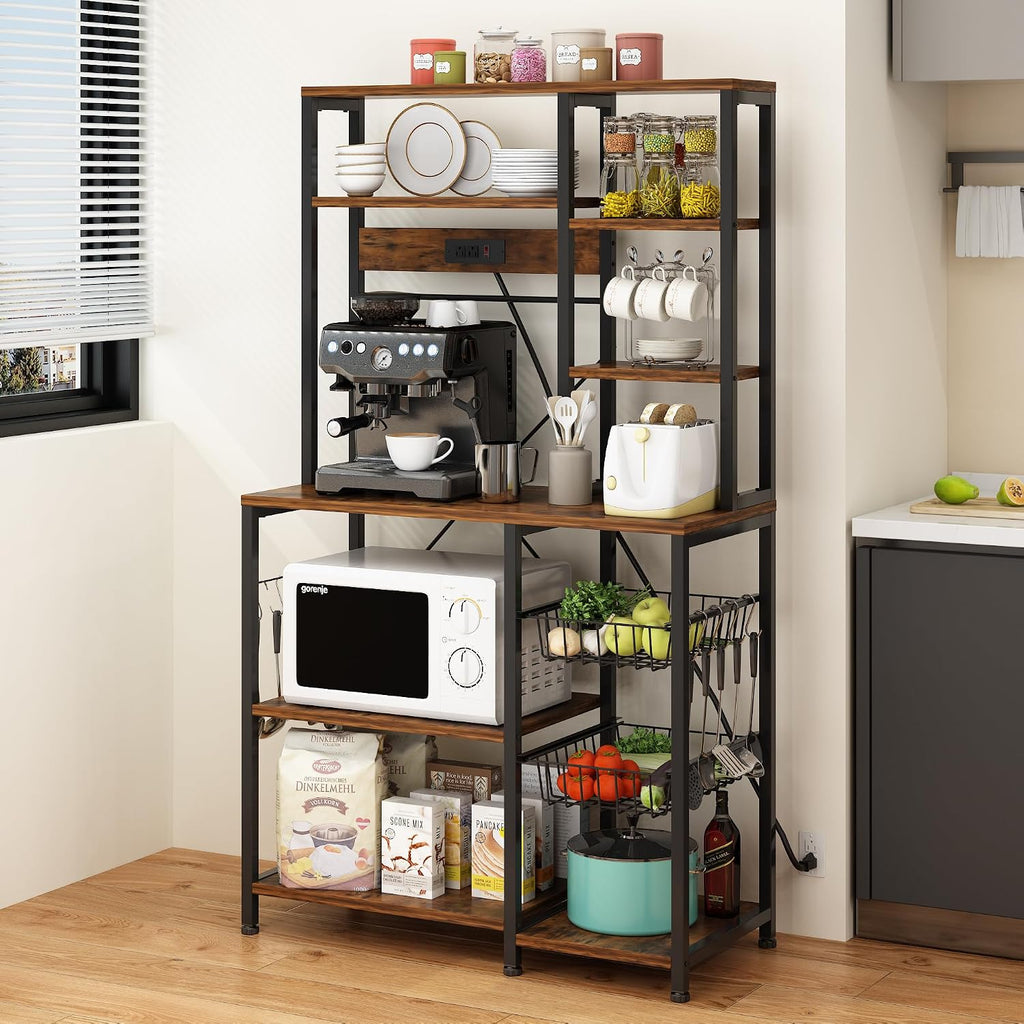 Large Bakers Rack with Power Outlets, 6-Tier Microwave Stand with 10 S Hooks, Kitchen Storage Shelf with Wire Basket, Coffee Bar Station for Kitchen and Dining Room, Rustic Brown