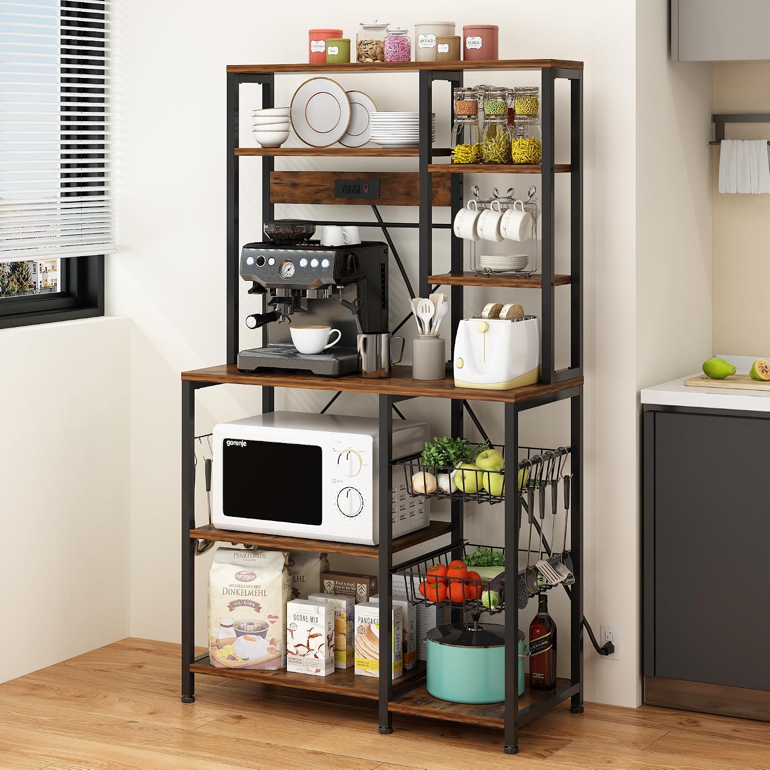 Large Bakers Rack with Power Outlets, 6-Tier Microwave Stand with 10 S Hooks, Kitchen Storage Shelf with Wire Basket, Coffee Bar Station for Kitchen and Dining Room, Rustic Brown