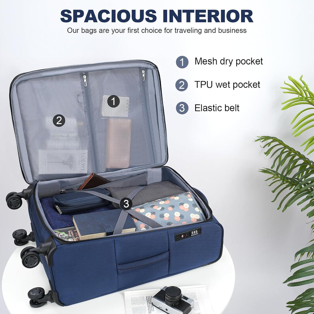 KROSER Softside Expandable checked Luggage with Front Business Pockets，24 Inch Suitcases with Spinner Wheels & Built-in TSA Lock, Durable Suitcase Rolling Luggage, Navy