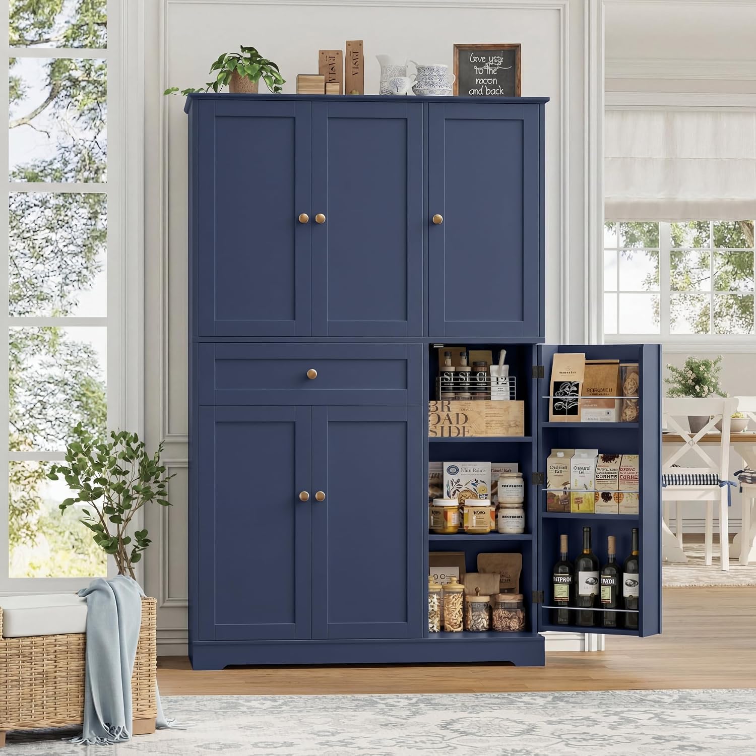HOSTACK 68' Tall Kitchen Pantry Storage Cabinet, Modern Kitchen Hutch Cabinet with Doors and Shelves, Freestanding Food Pantry with Large Storage Drawer for Dining Room, Living Room, Navy Blue