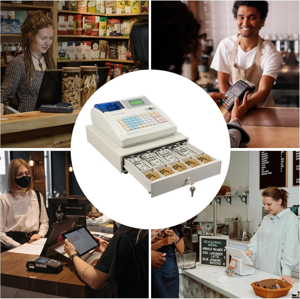 Bepritm 48 Keys Commercial Cash Register, Electronic Cashier Cash Register with Drawer Box&LED Display, Cash Management System for Small Businesses, Retailers, Supermarkets (White)