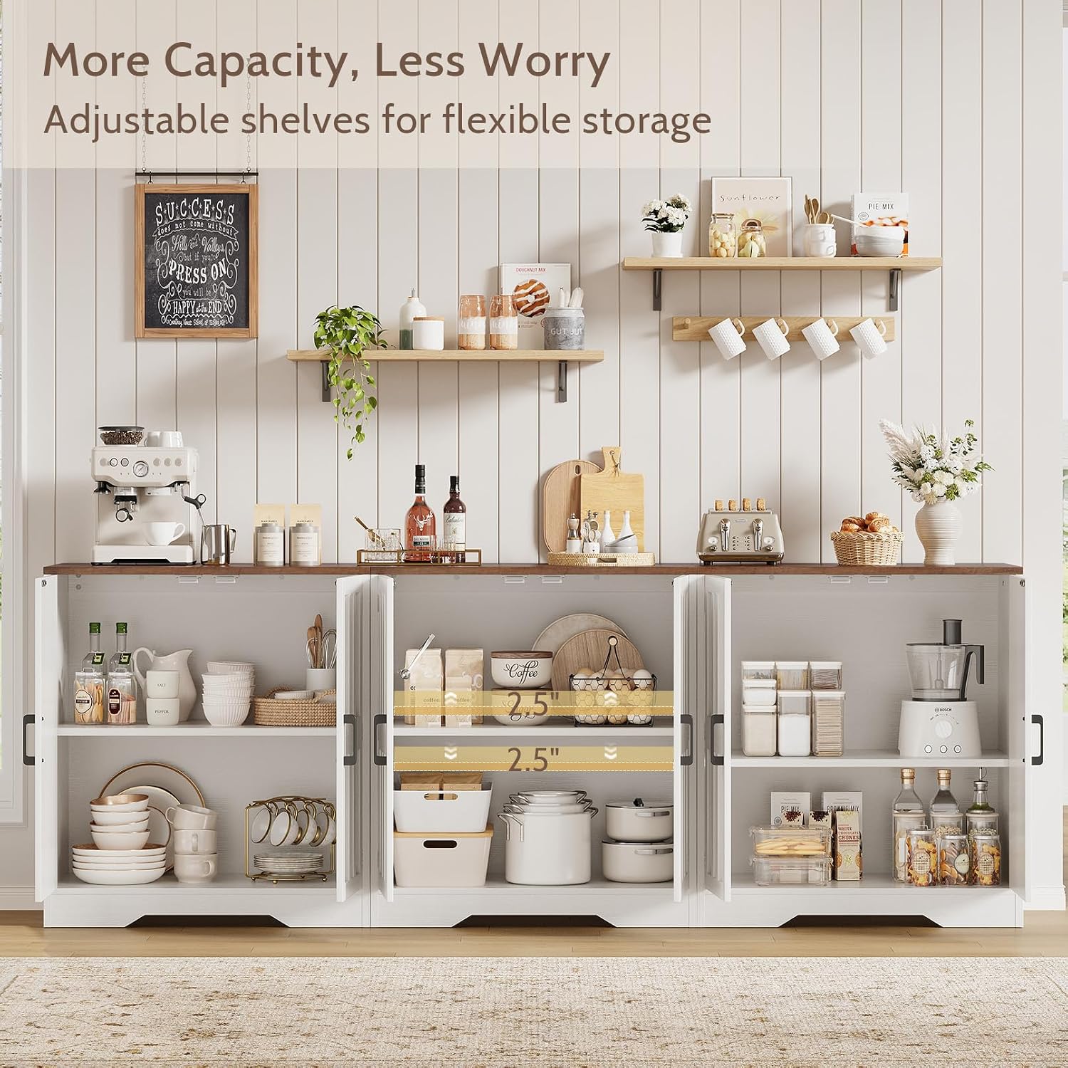 Sideboard Buffet Cabinet, Modern Farmhouse Kitchen Storage Cabinet, 94.5' Modular Accent Cabinet Coffee Station Bar Media Console Table Credenza for Kitchen Dining Room, Living Room Entryway Hallway