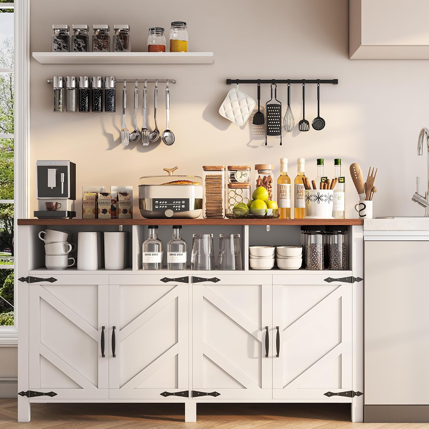 knoworld Buffet Sideboard with Storage Farmhouse with 4 Doors, 55'' Large Kitchen Storage Cabinet Wood Coffee Bar Cabinet Buffet Table with Shelves for Kitchen, Dining Room, Entryway