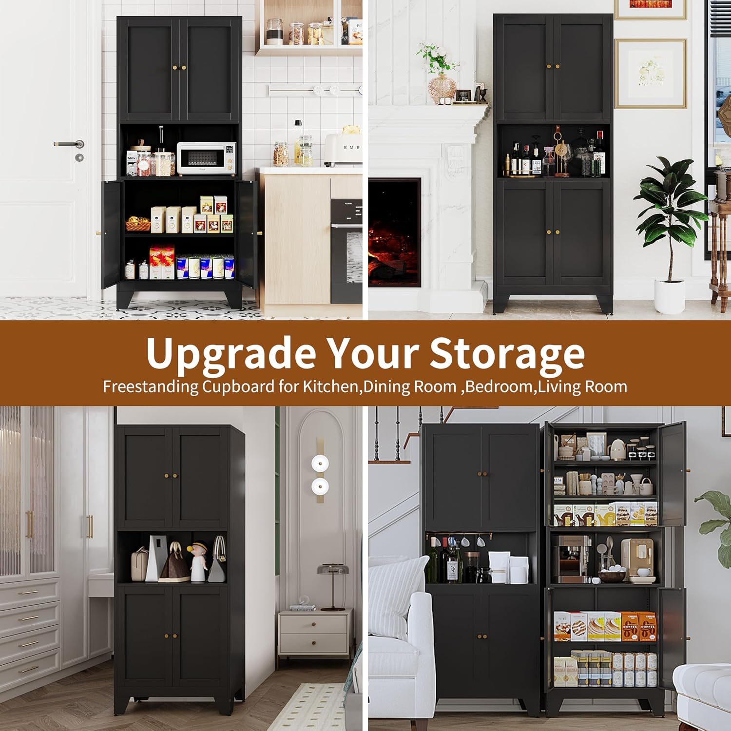 68.9'' Black Metal Kitchen Pantry Cabinet with Doors and Adjustable Shelves, Hutch Cabinet with Microwave Storage, Kitchen cabine can Also be Used in the Living Room.Bathroom, Home