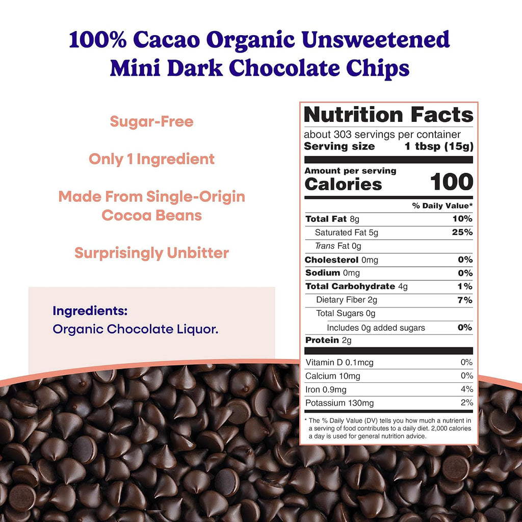 Pascha Organic 100% Cacao Mini Baking Chips - Unsweetened Dark Chocolate - Sugar-Free, Keto, Vegan Baking Chocolate - Single Ingredient, Rainforest Alliance Certified - Allergen-Free, (10 lbs)