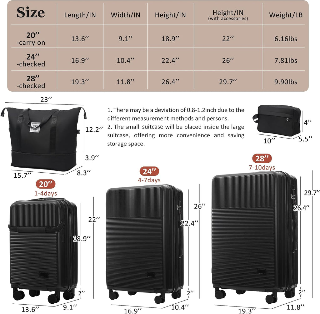 Merax Luggage Sets 5 Piece with Half-opening, Hardside 20' Carry On Suitcase Set with USB Port,Lightweight Travel 24' 28' Luggage with Bags TSA Locks Double Spinner Wheels,Black