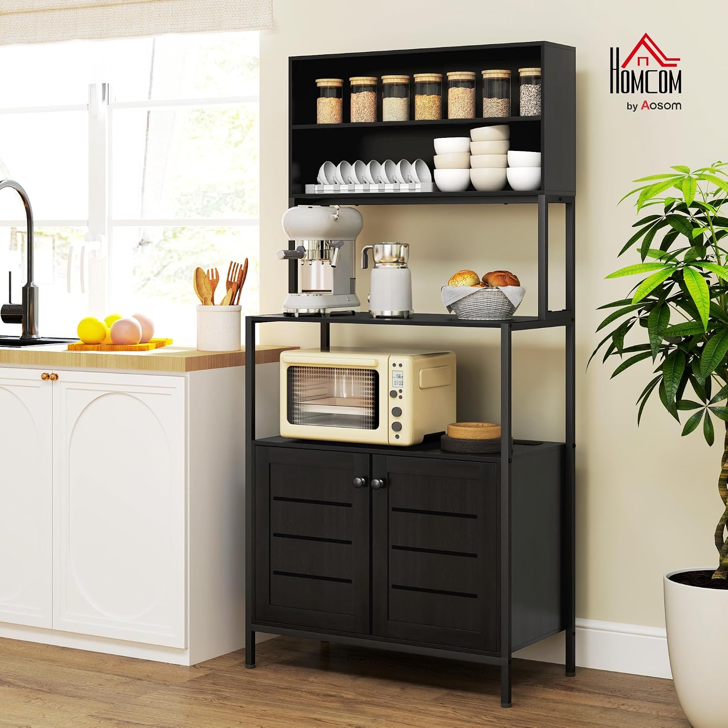 HOMCOM Kitchen Bakers Rack with Power Outlet, Coffee Bar Cabinet with Storage Shelves, Microwave Stand with Louvred Door Cabinets, 31.5' x 16.5' x 67.3', Black