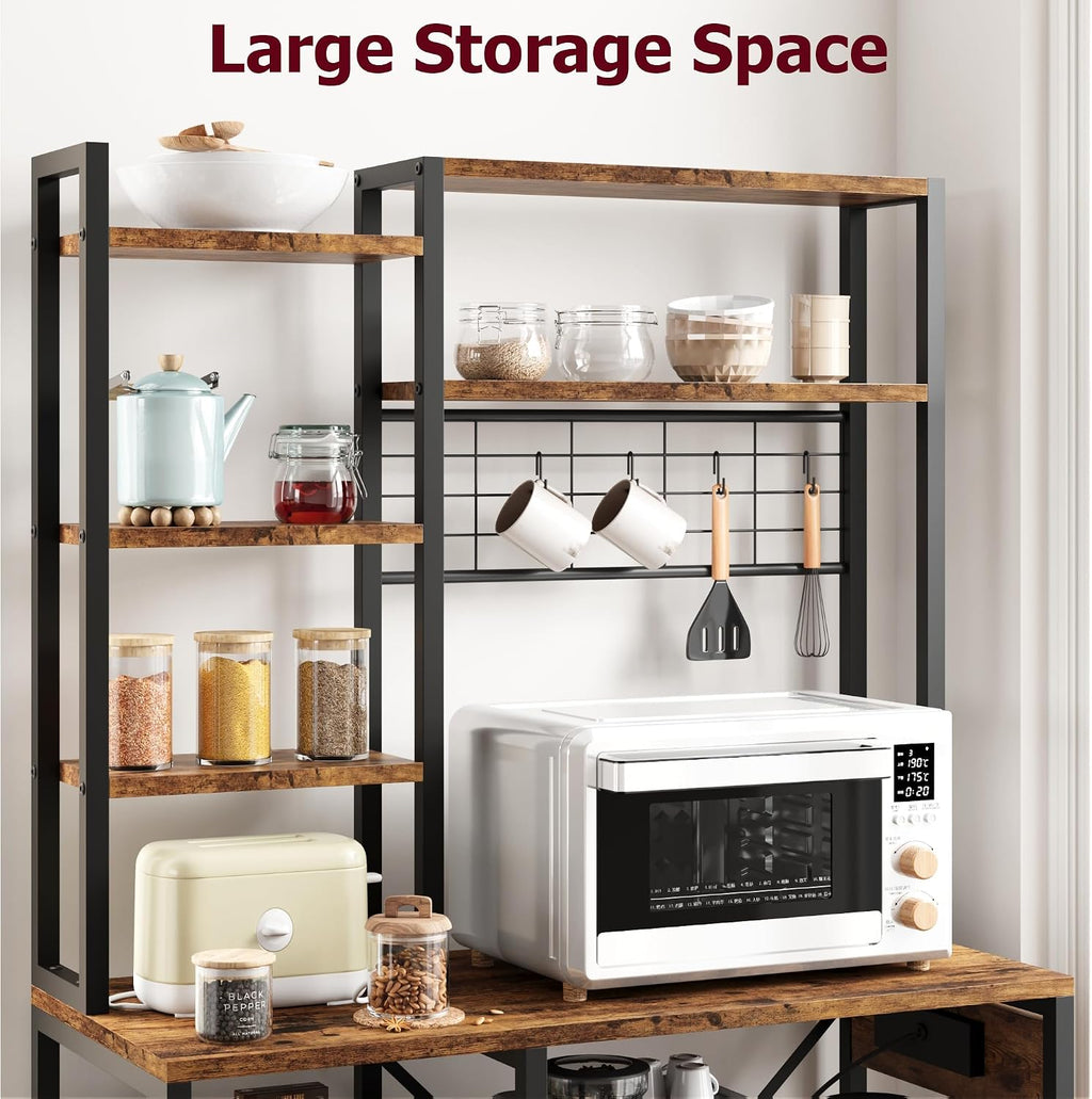 GAOMON 7-Tier Bakers Rack, Industrial Microwave Stand with 2 Metal Wire Baskets & Power Strip, Coffee Bar Organizer with Large Storage Shelves for Pots & Dishes, Kitchen Storage Rack, Brown
