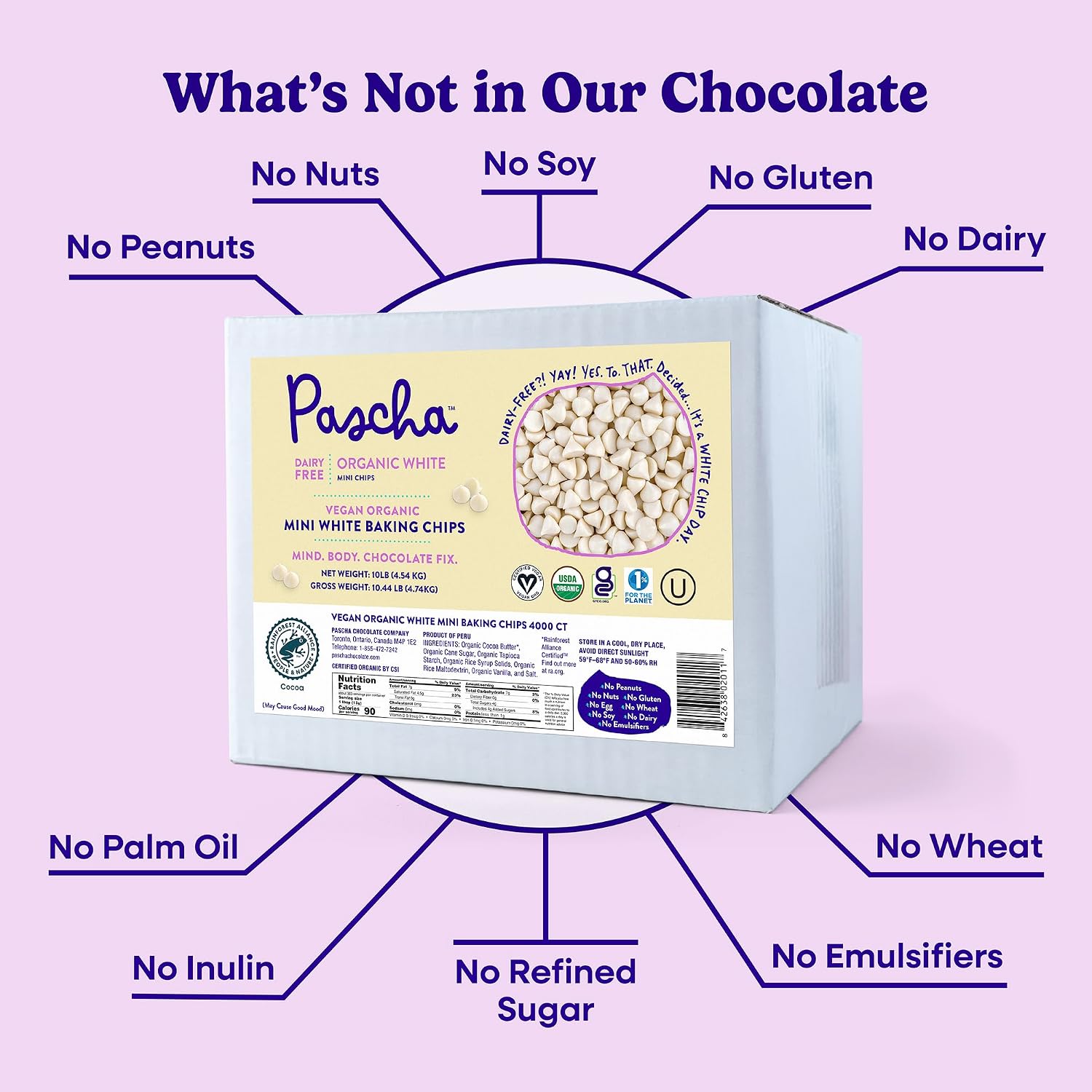 Pascha Organic Vegan White Mini Baking Chips - Dairy-Free Alternative - Rice-Based Bulk Baking Chocolate - Allergen-Free & Plant-Based - Rainforest Alliance Certified Cocoa Butter, (10 lbs)