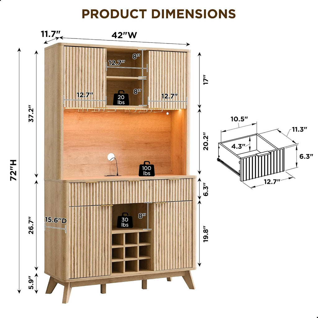 OKD 72' Tall Fluted Coffee Bar Cabinet with Ample Storage, Modern Buffet Sideboard with Glass Holder/Wine Rack/Led Lights/Charging Station, Wine Cabinet for Kitchen, Dining Room, Home Bar, Natural Oak