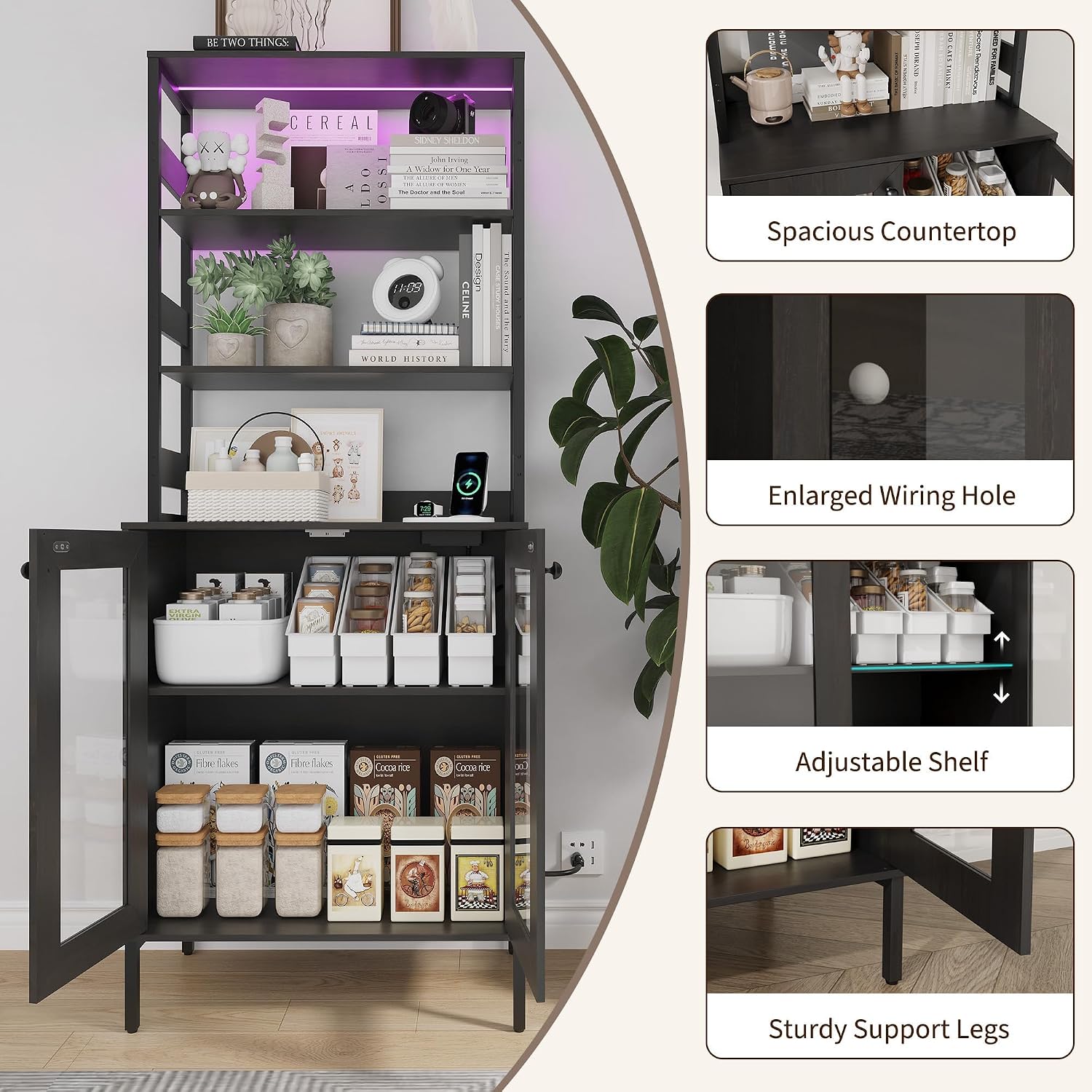 Towallmark 67 Inch Farmhouse Bakers Rack with Power Outlet & LED Lights, Kitchen Coffee Bar Cabinet Microwave Stand with Storage, Liquor Bar Cabinet with Adjustable Shelves and Hutch, Brown