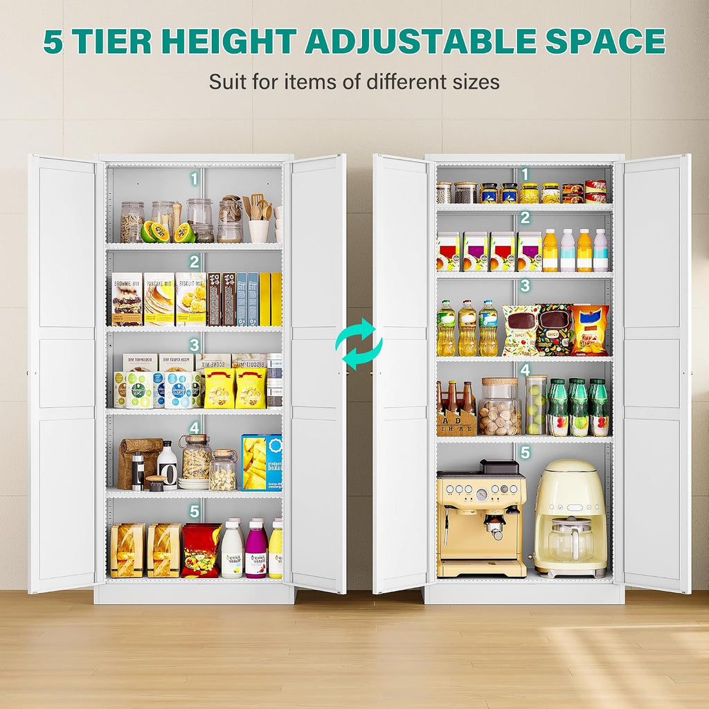 SISESOL 71' Tall Pantry Cabinet with 2 Doors and 5 Shelves,Kitchen Pantry Storage Cabinets,White Metal Storage Cabinet,Wide Deep Food Cupboard for Home,Kitchen,Dining/Living Room