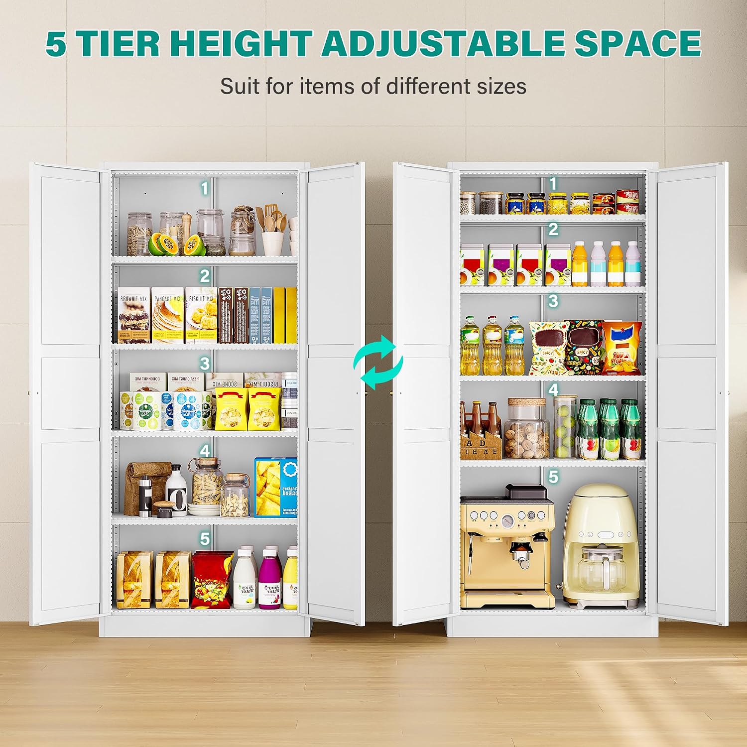 SISESOL 71' Tall Pantry Cabinet with 2 Doors and 5 Shelves,Kitchen Pantry Storage Cabinets,White Metal Storage Cabinet,Wide Deep Food Cupboard for Home,Kitchen,Dining/Living Room