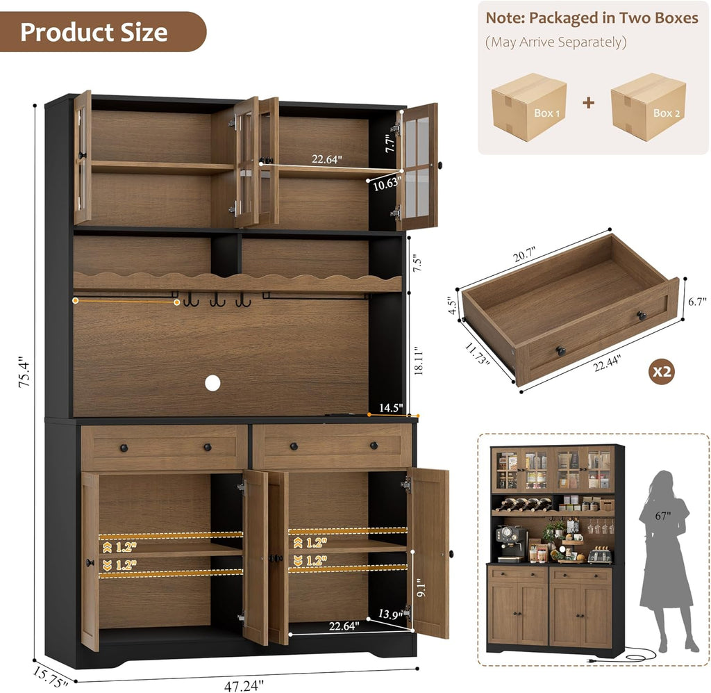 HOSTACK 75.4' Tall Kitchen Pantry Cabinet with Charging Station, Modern White Kitchen Hutch with Microwave Stand and Wine Rack, Large Food Pantry Storage Cabinet with Glass Doors and Drawers, Brown