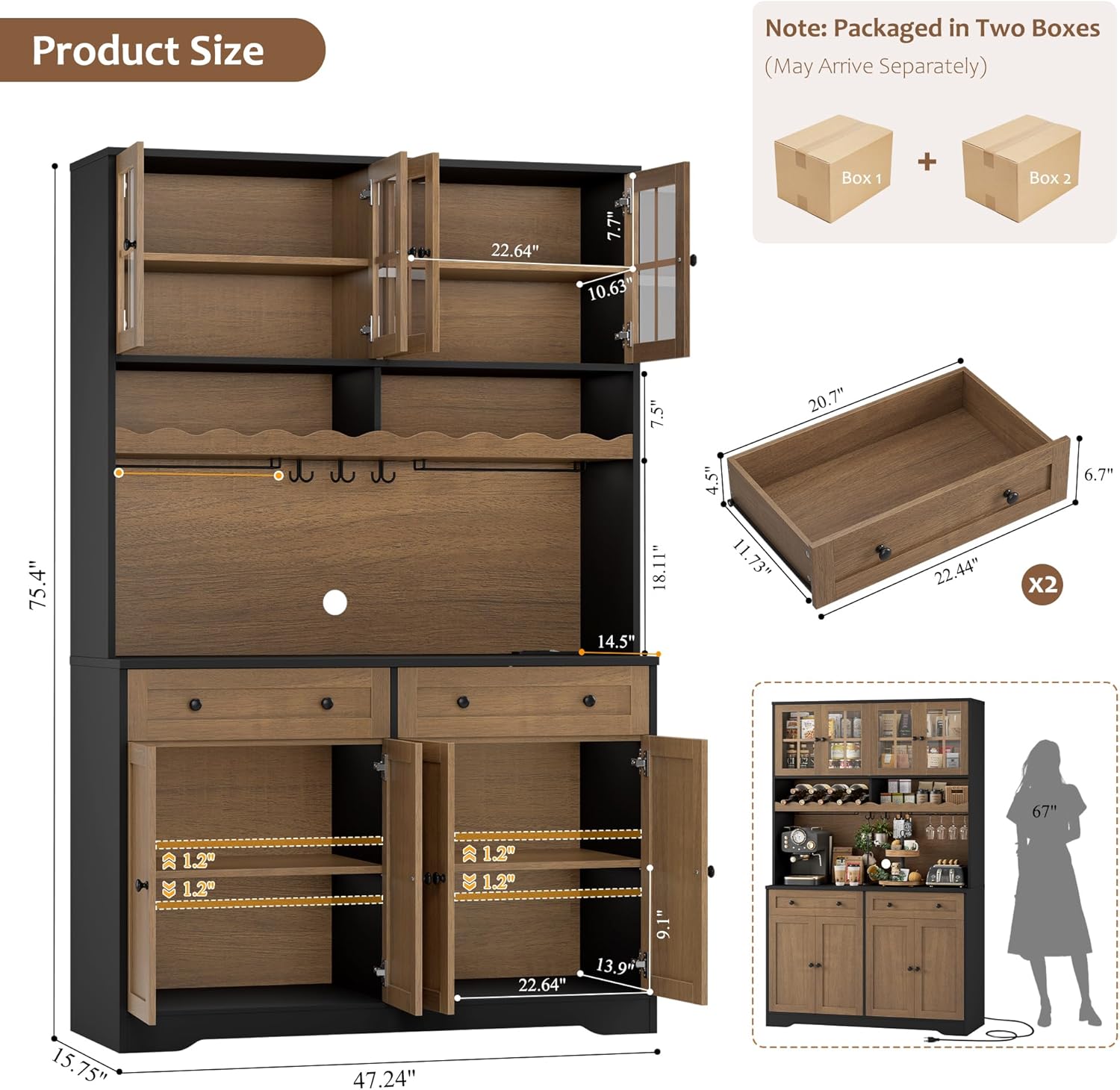 HOSTACK 75.4' Tall Kitchen Pantry Cabinet with Charging Station, Modern White Kitchen Hutch with Microwave Stand and Wine Rack, Large Food Pantry Storage Cabinet with Glass Doors and Drawers, Brown