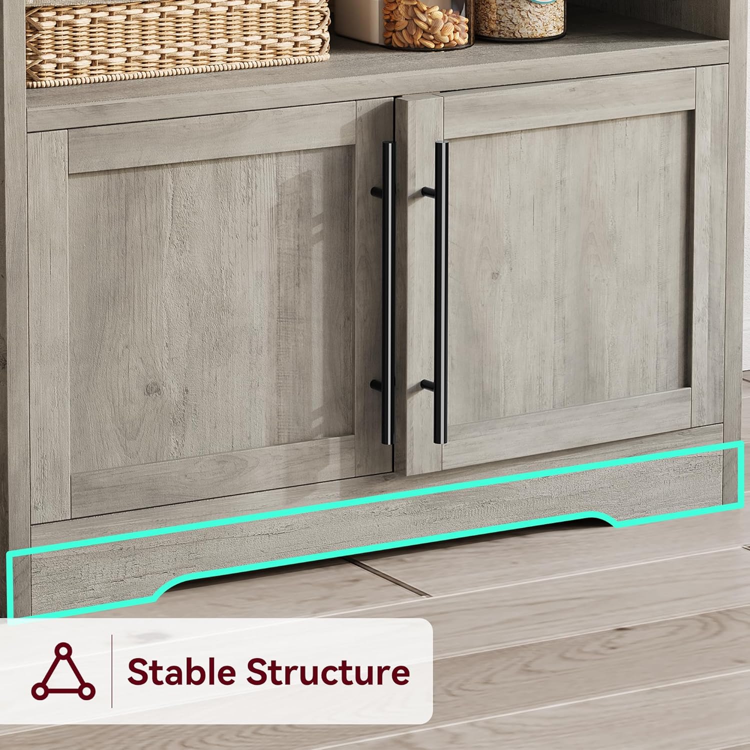 Farmhouse Bakers Rack with Power Outlet & USB Ports, Microwave Stand with Thickened Countertop and Storage Cabinet, Coffee Bar Cabinet Pantry Organizer Shelf for Kitchen, Rustic Gray