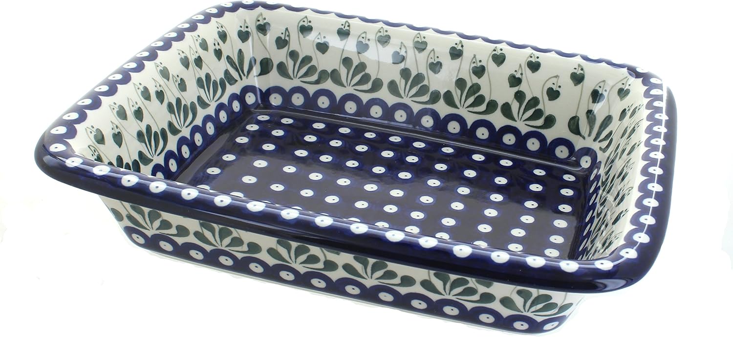 Blue Rose Polish Pottery - Blue Alyce Medium Rectangular Baker - 12.25' x 10' - Unique, Dishwasher Safe, & Durable Bakeware