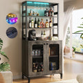 Aheaplus Bar Cabinet with Power Outlets, 26.9' Wine Bar Cabinet Liquor Cabinet with LED Lights and Glass Holder, Coffee Bar Station Microwave Stand, Black Oak