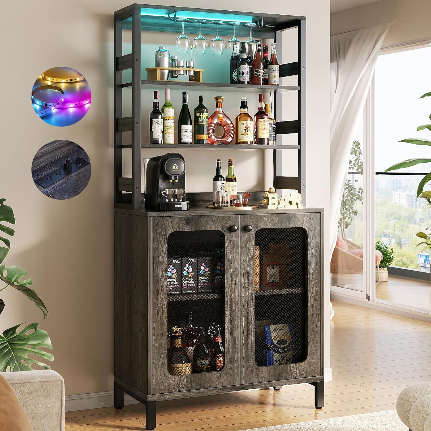 Aheaplus Bar Cabinet with Power Outlets, 26.9' Wine Bar Cabinet Liquor Cabinet with LED Lights and Glass Holder, Coffee Bar Station Microwave Stand, Black Oak