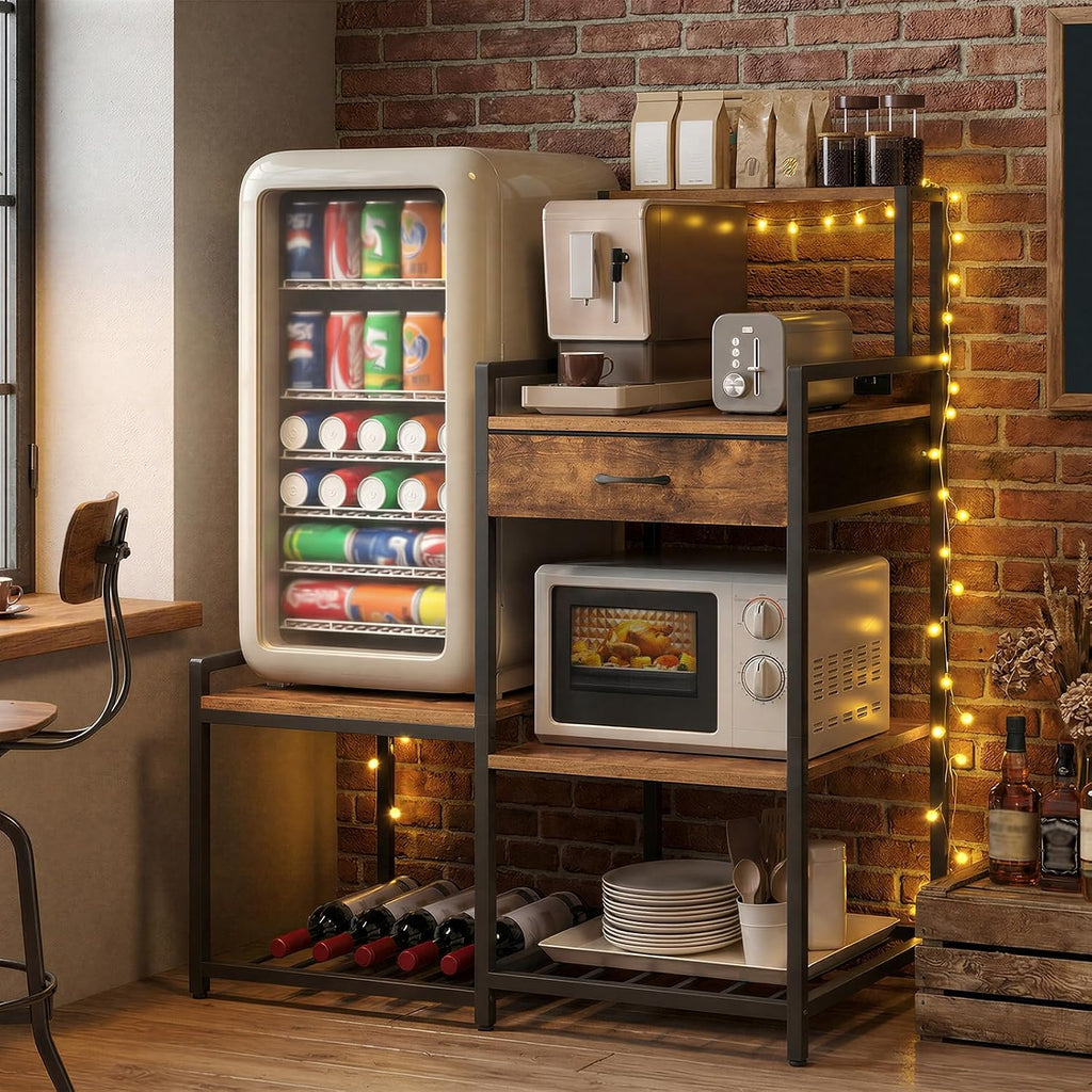 MAHANCRIS Bakers Rack and Mini Fridge Stand Bundle, Bakers Rack with Storage Shelves, Cofffee Bar Station with Wine Rack, Microwave Stand, Mini Fridge Cabinet for Kitchen, BRHR40E01N1-RSHR58E01