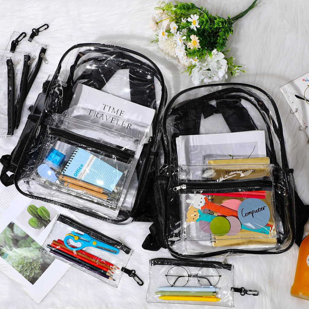 Cholemy 24 Set Clear Backpack with Pencil Case Bulk Heavy Duty PVC Transparent School Bag for Students Women Men Travel(Black)