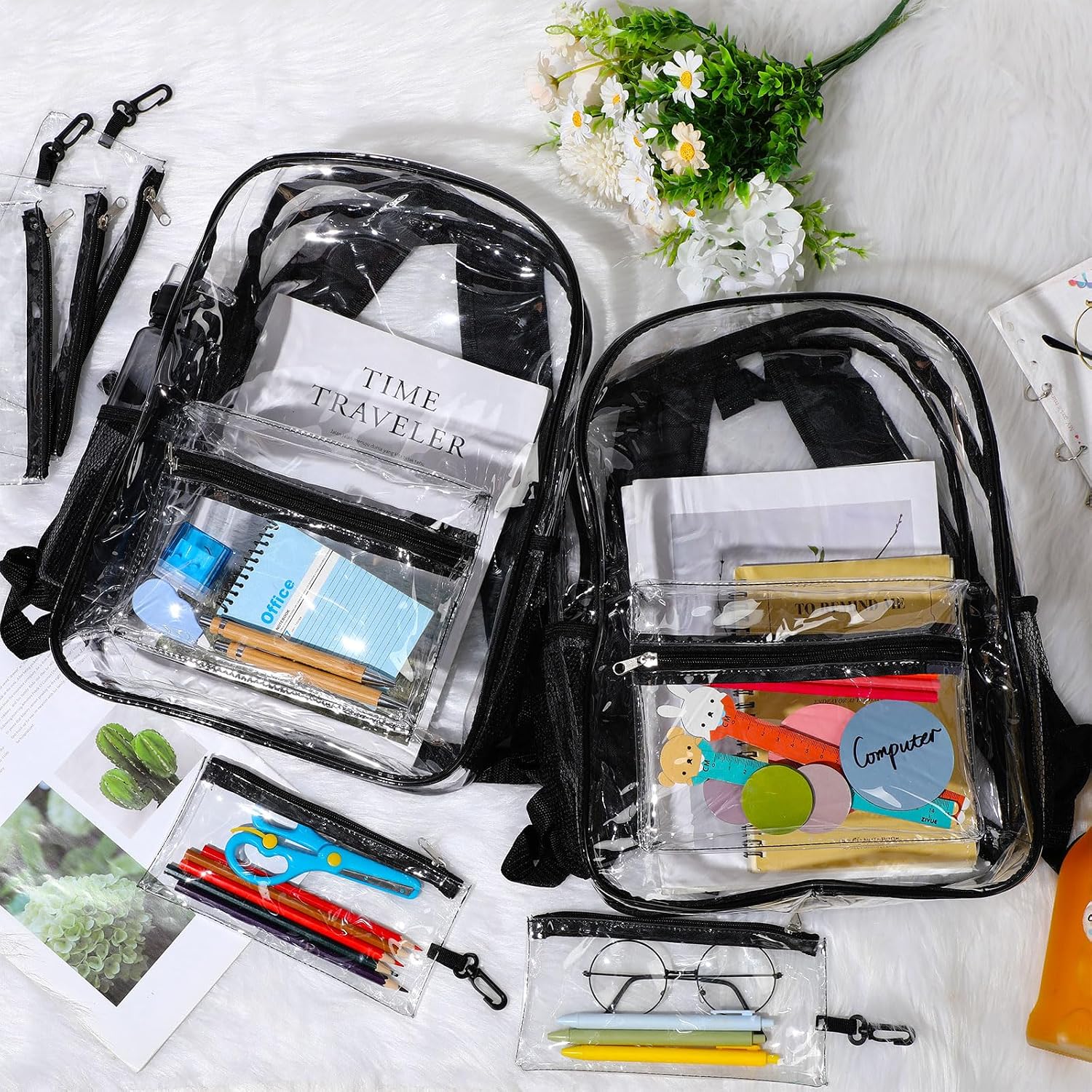 Cholemy 24 Set Clear Backpack with Pencil Case Bulk Heavy Duty PVC Transparent School Bag for Students Women Men Travel(Black)