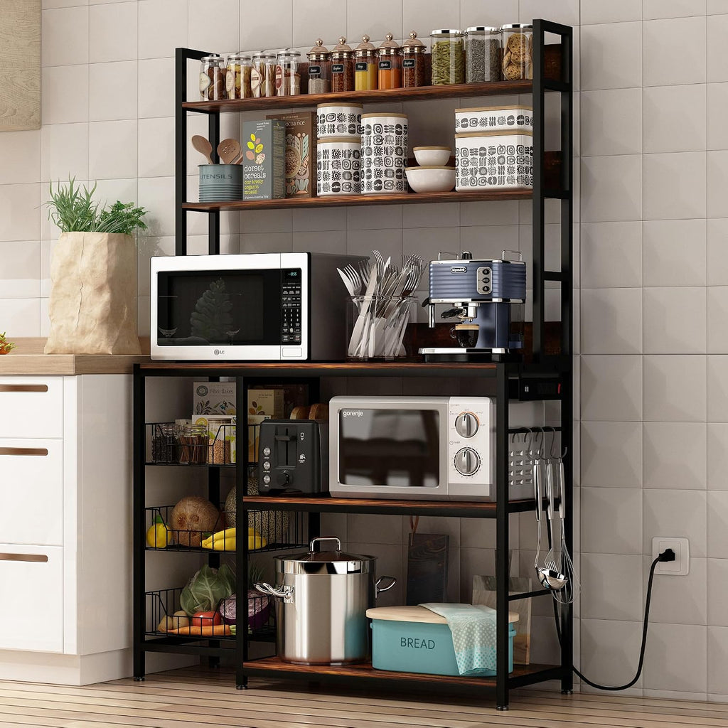 Bakers Rack with Baskets and Power Outlet, 5-Tier Kitchen Utility Storage Shelf with Hooks, Microwave Oven Stand Rack, Vintage Brown Free Standing Kitchen Shelf