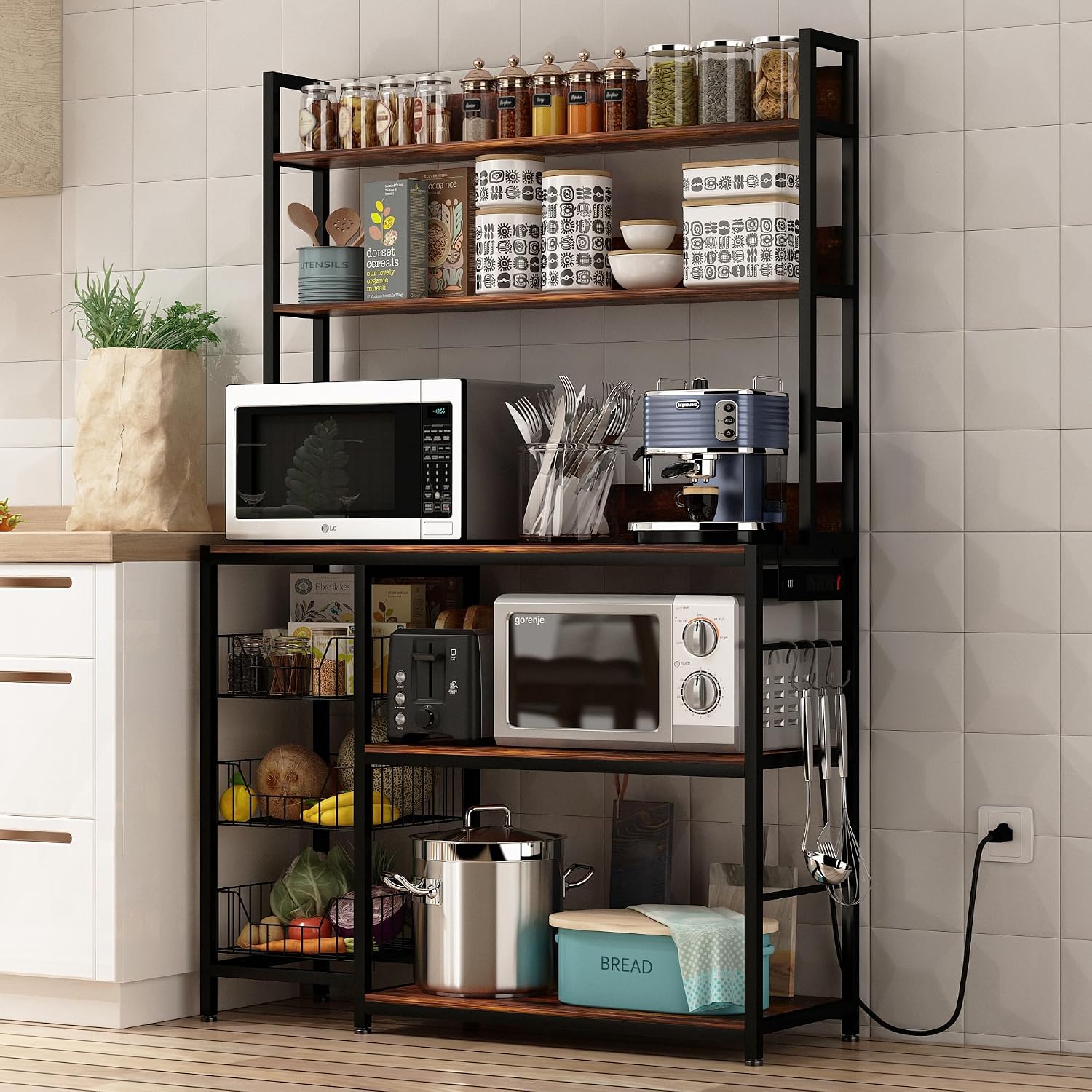 Bakers Rack with Baskets and Power Outlet, 5-Tier Kitchen Utility Storage Shelf with Hooks, Microwave Oven Stand Rack, Vintage Brown Free Standing Kitchen Shelf