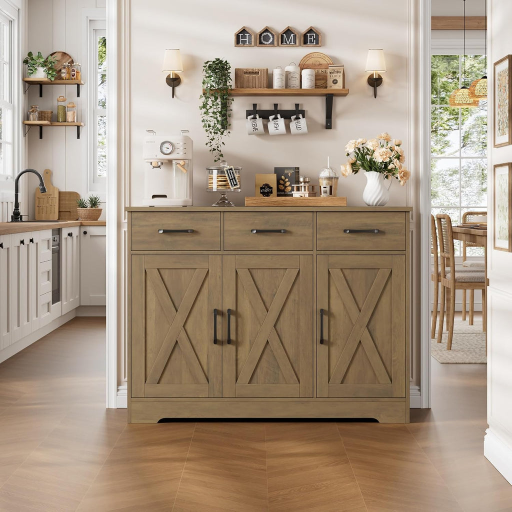 HOSTACK Modern Farmhouse Buffet Sideboard Cabinet, Barn Doors Storage Cabinet with Drawers and Shelves, Wood Coffee Bar Station for Dining Room, Kitchen, Living Room, Rustic Brown
