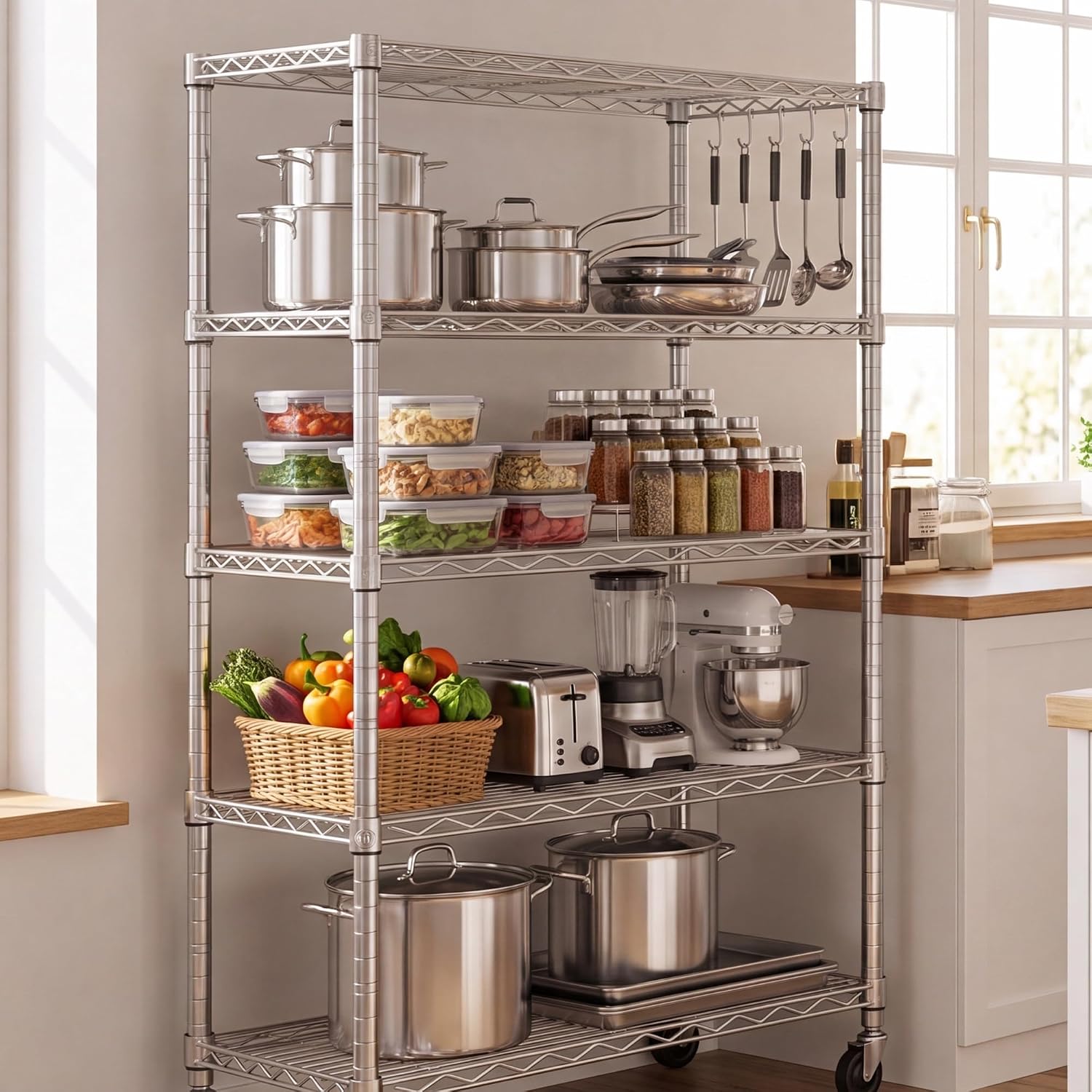 PrimeZone 2 Pack Steel Storage Wire Shelving 5 Tier Metal Shelves with Wheels,Adjustable Kitchen Utility Shelving Unit,Pantry Rack Rolling Metal Shelf Laundry,Chrome 24' Wx18 Dx75 H