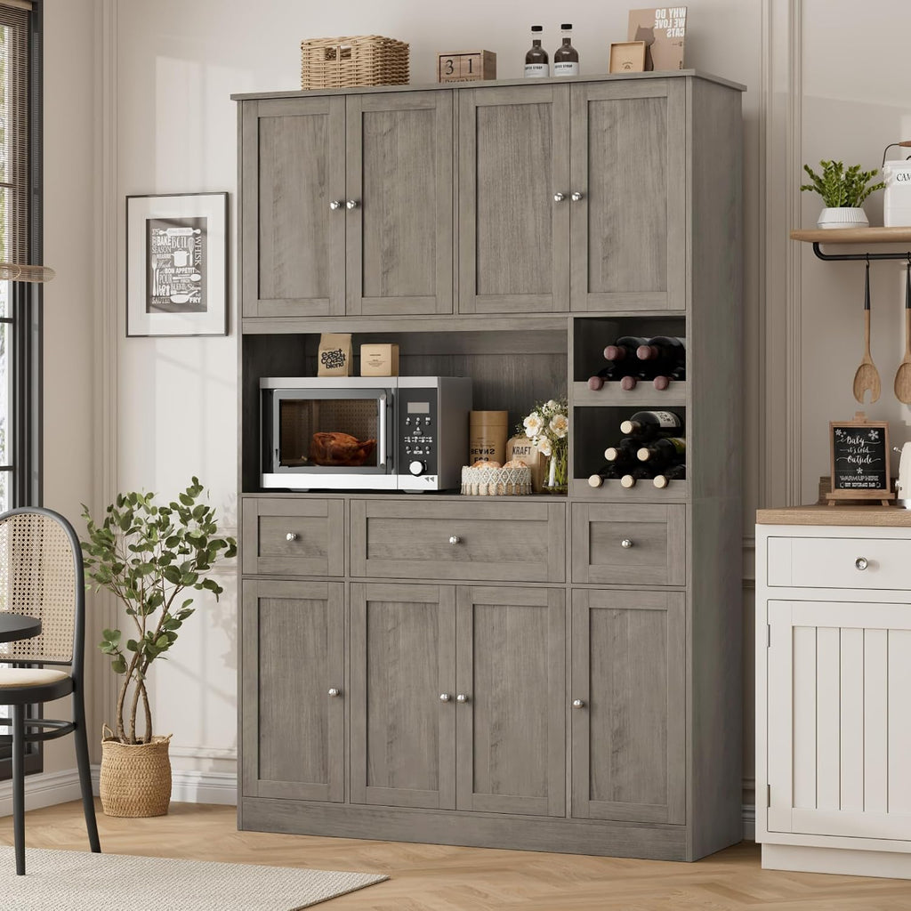BOTLOG Pantry Organizers and Storage Cabinet, 72' Tall Kitchen Pantry Storage Cabinet with Microwave Stand, Wine Rack, Drawers and Adjustable Shelf for Dining Room, Living Room, Home BarAsh Grey