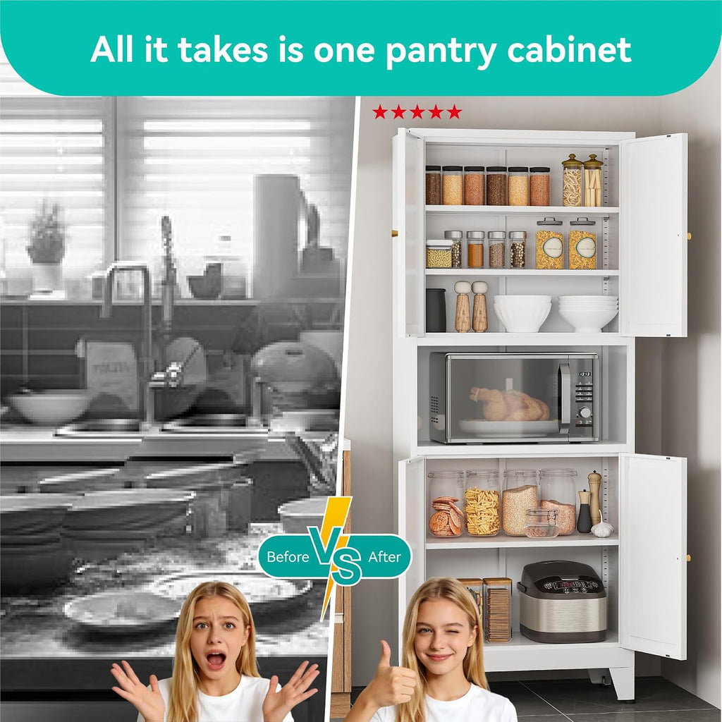 69' H Metal Pantry Cabinet with Open Shelf,13.78'Deep By 28' Wide Storage Cabinet with Doors and Adjustable Shelves,Microwave Stand,for Kitchen Dining Room Bathroom,White 1Pc