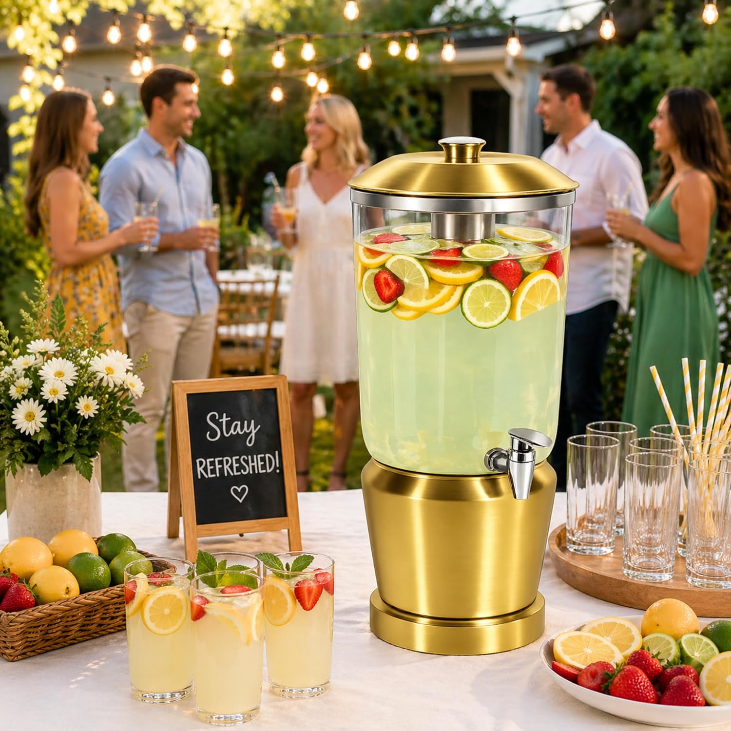 Drink Dispenser with Ice Chambers, Lemonade Tea Water Dispenser with Spigot, Stainless Steel Beverage Jar Jug, Perfect for Home Parties, Weddings, Gifts & Events (Gold, 5, Gallons)