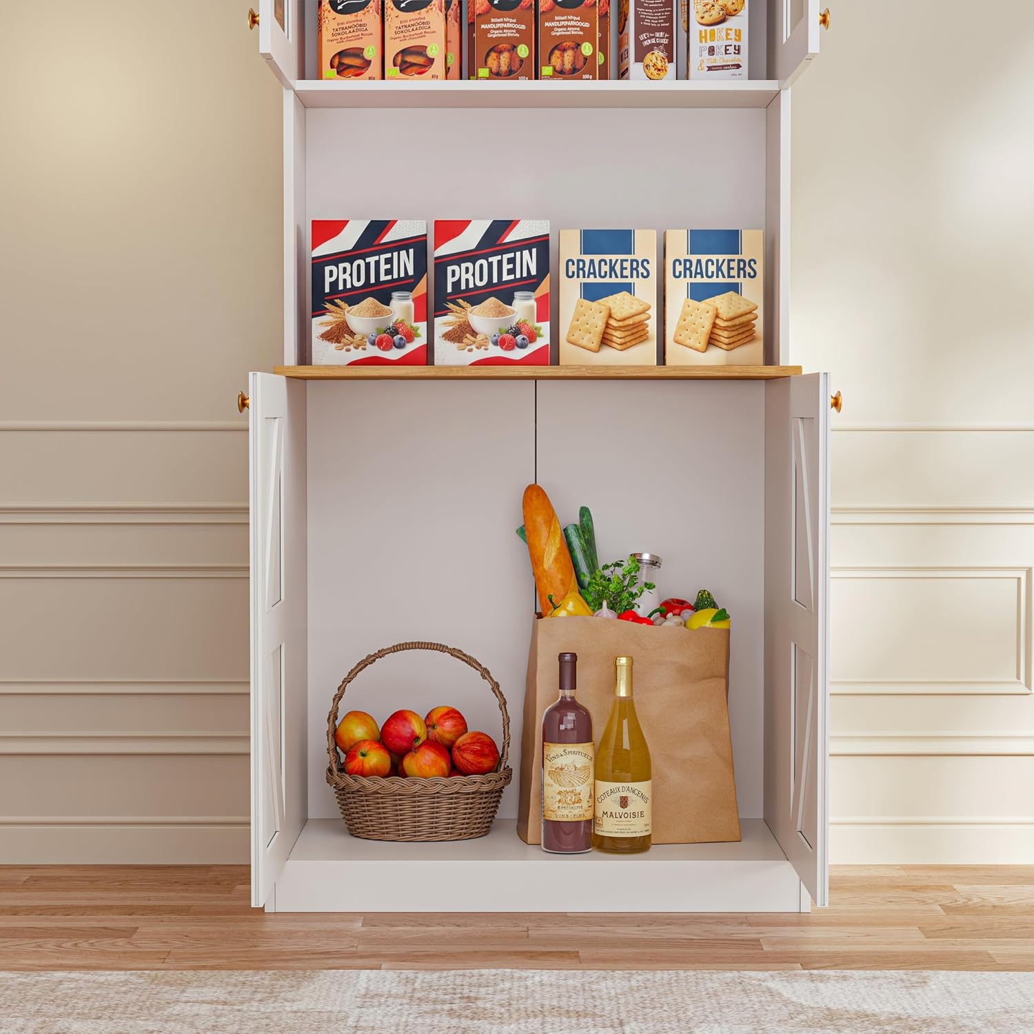ivaniti 71' Tall Farmhouse Kitchen Pantry, Large Storage Cabinet with Glass Doors, Freestanding Coffee Bar Hutch with Microwave Stand, Adjustable Shelves for Kitchen, Living Room, White, Set of 2