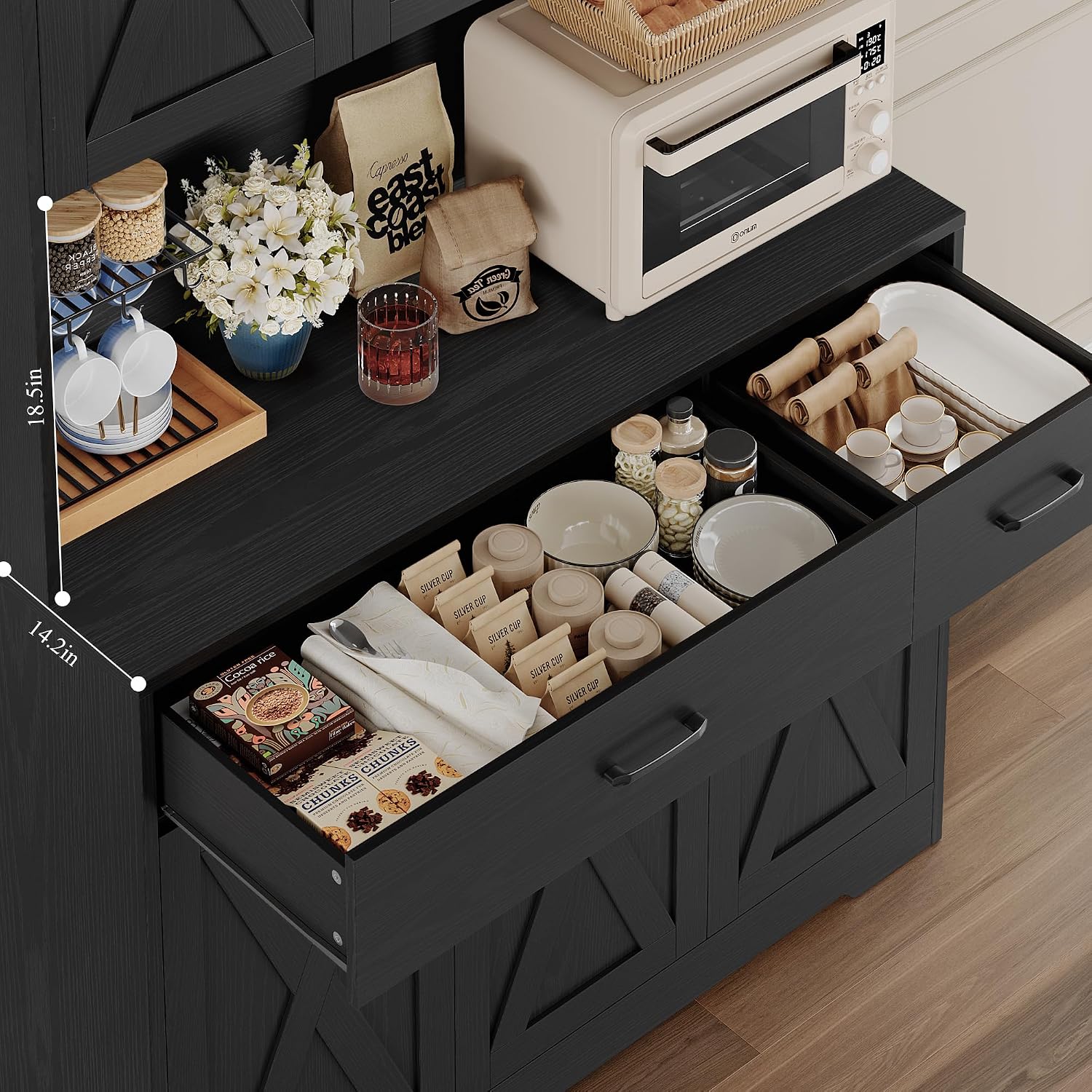 HOSTACK 71' Pantry Cabinet with Charging Station, Tall Kitchen Pantry Storage Cabinet with Microwave Stand, Farmhouse Kitchen Hutch with Storage Drawers for Living Room, Dining Room, Black Wood Grain