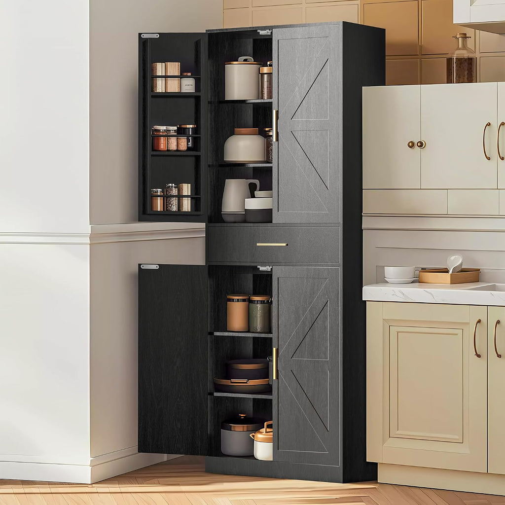 71' Tall Kitchen Pantry Storage Cabinet with 4 Doors & Drawer, Adjustable Shelves, Farmhouse Cupboard, Freestanding Cabinet with Door Shelves for Dining Room/Living Space, Black