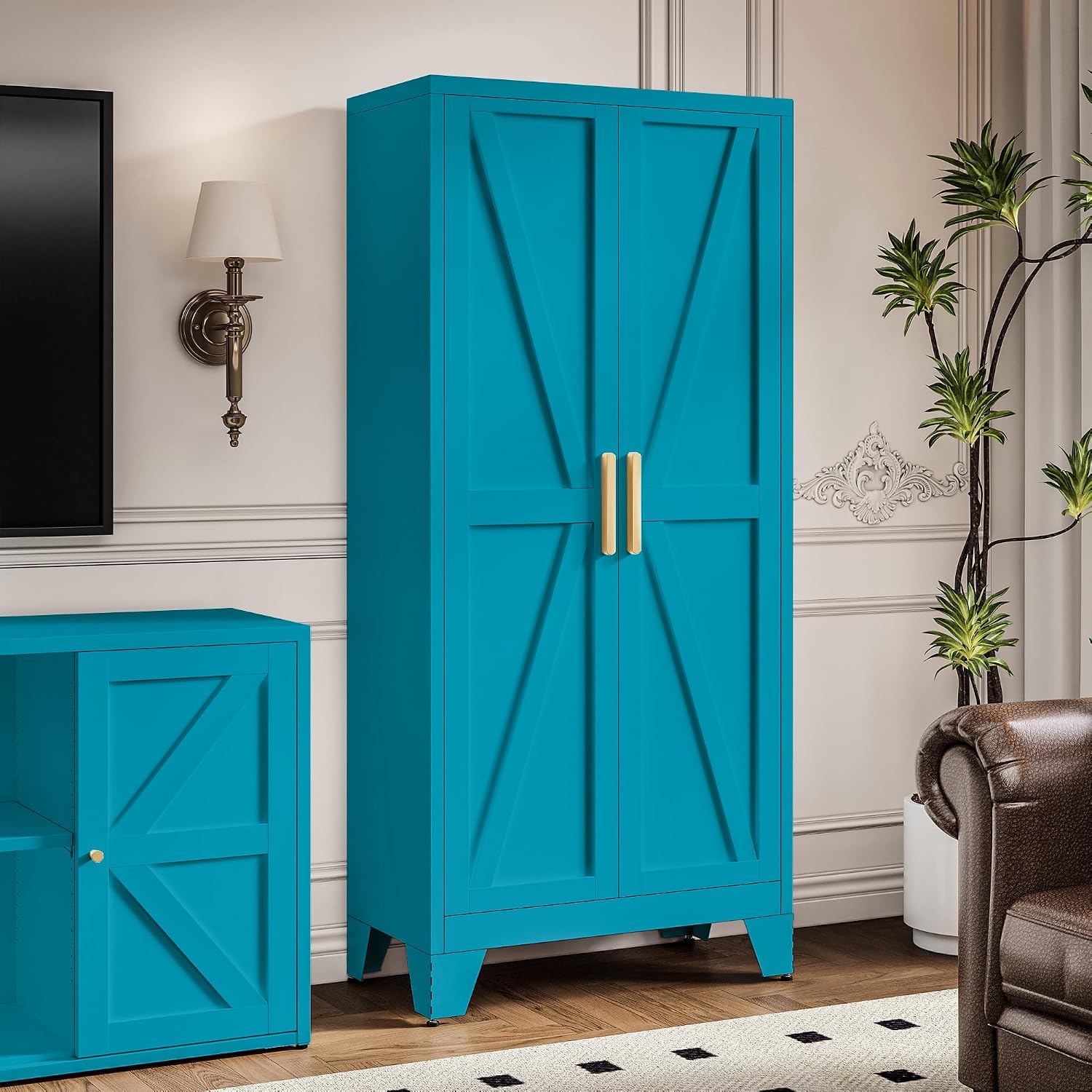 LCAOPC 61' Tall Metal Storage Cabinet with 2 Doors and 3 Adjustable Shelves, 4-Tier Kitchen Pantry Storage Cabinet for Kitchen, Living Room, Dining Room and Office, Blue