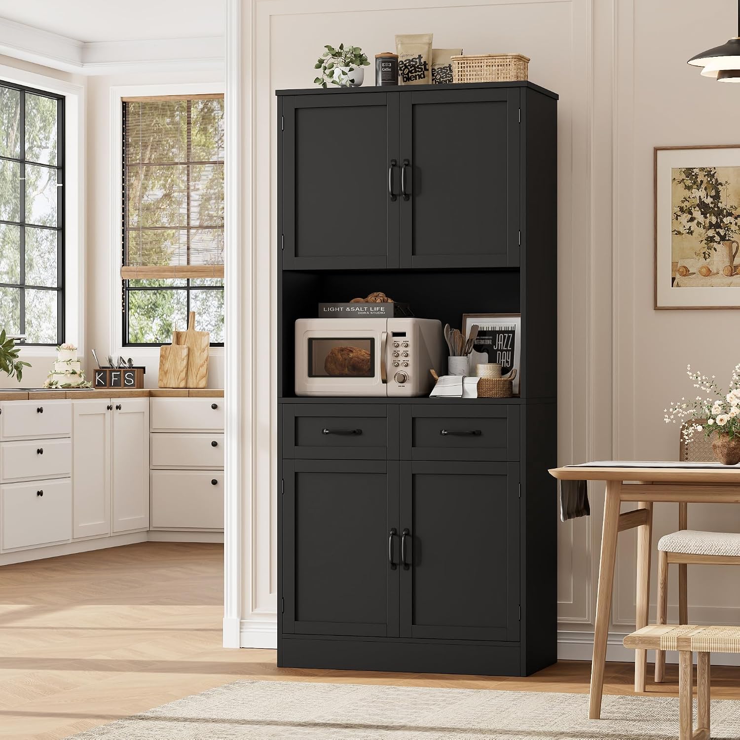 HOSTACK 71' Tall Kitchen Pantry Storage Cabinet, Modern Kitchen Hutch Bar Cabinet with Microwave Stand, Wood Buffet Sideboard with Hutch, Cupboard with Drawers, Shelves for Dining Room, Black
