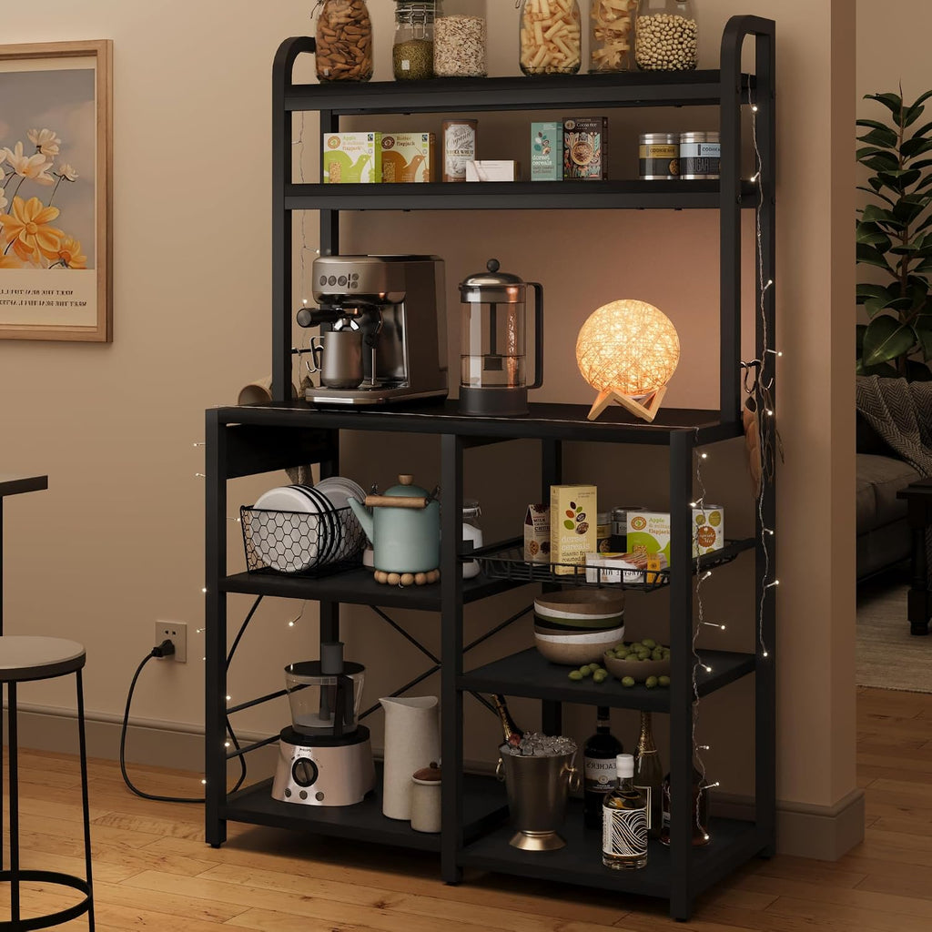 Garvee Bakers Rack with Power Outlet, 6-Tier Large Microwave Stand with Wire Basket, Large Coffee Bar Station, Open Storage Metal Kitchen Shelf Rack for Spices, Pots and Pans