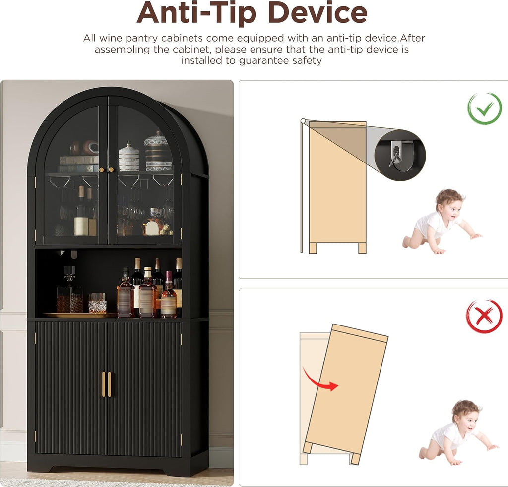 Maupvit 70' Tall Arched Wine Bar Cabinet with LED Light, Fluted Coffee Bar Cabinets with Stemware Rack, Kitchen Pantry Cupboard with Glass Doors, Liquor Cabinet for Home, Dining Room (Black)
